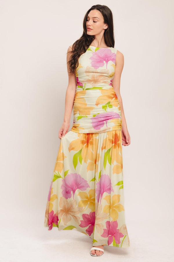 Bateau Floor-Length Floral Mesh Formal Fit & Flare Dress by Flying Tomato ID23814