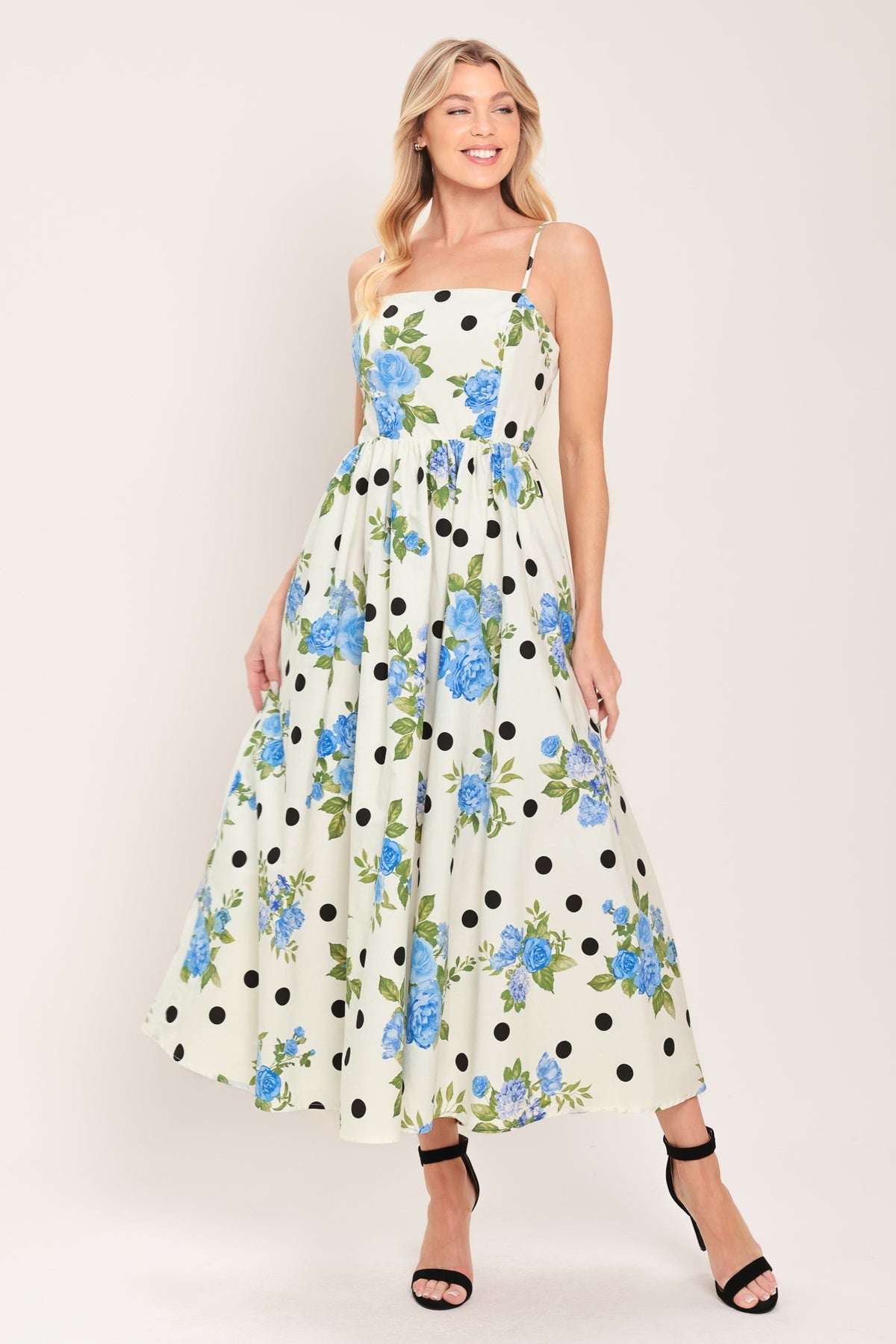 Off White Spaghetti Strap Midi-Length Floral Cocktail Dress Polka Dot Flying Tomato ID23844