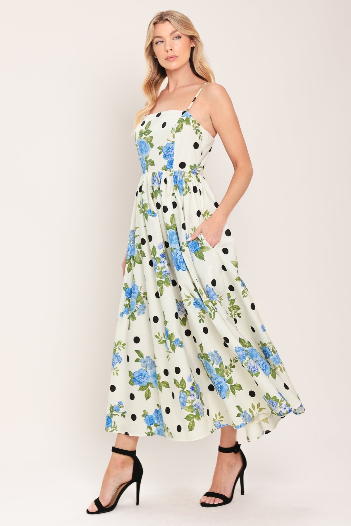 Off White Spaghetti Strap Midi-Length Floral Cocktail Dress Polka Dot Flying Tomato ID23844