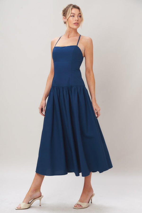 Square Neck Midi Crepe Formal Fit & Flare Dress Flying Tomato ID23849