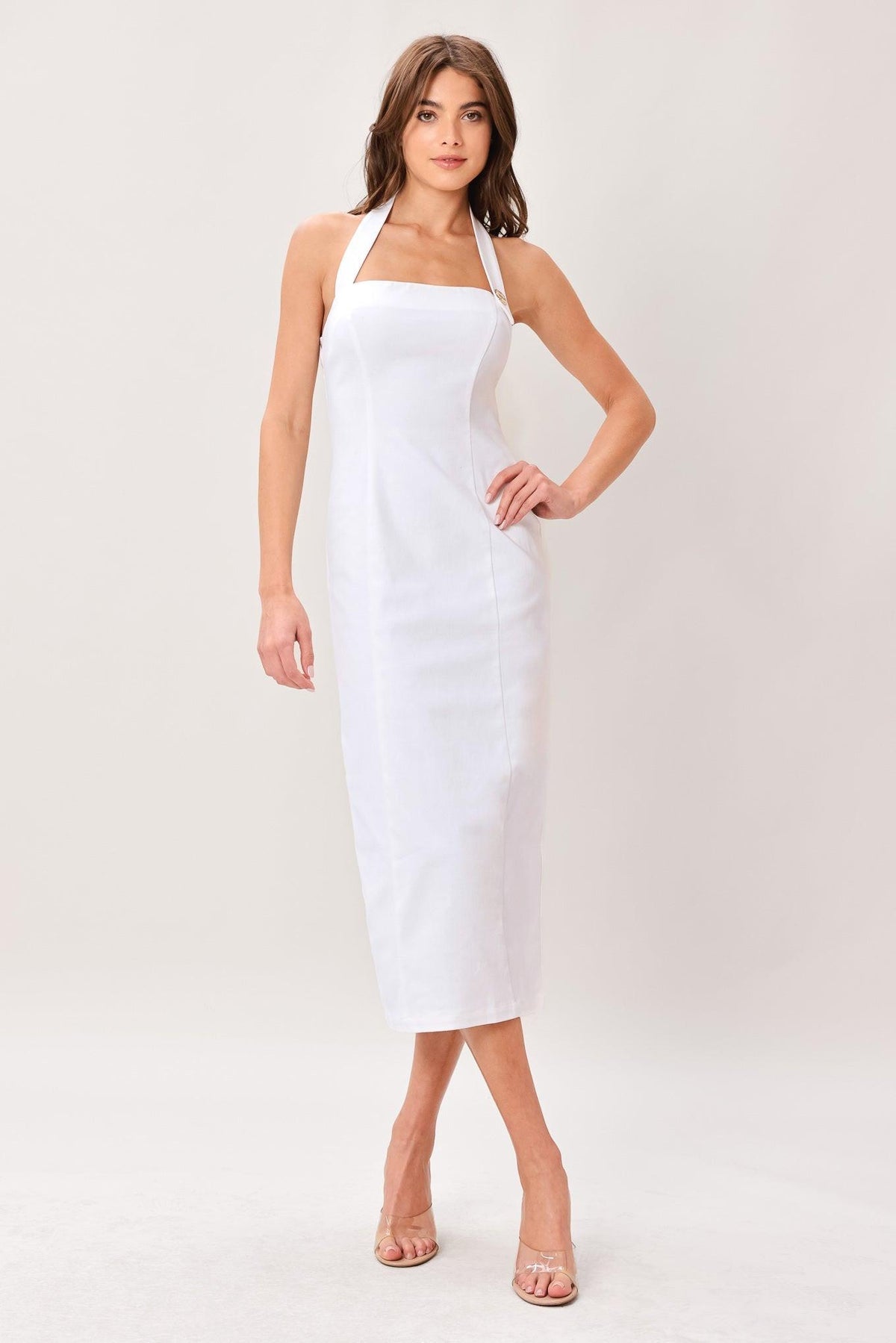 Halter Midi Crepe Cocktail Sheath Column Dress Flying Tomato ID23884