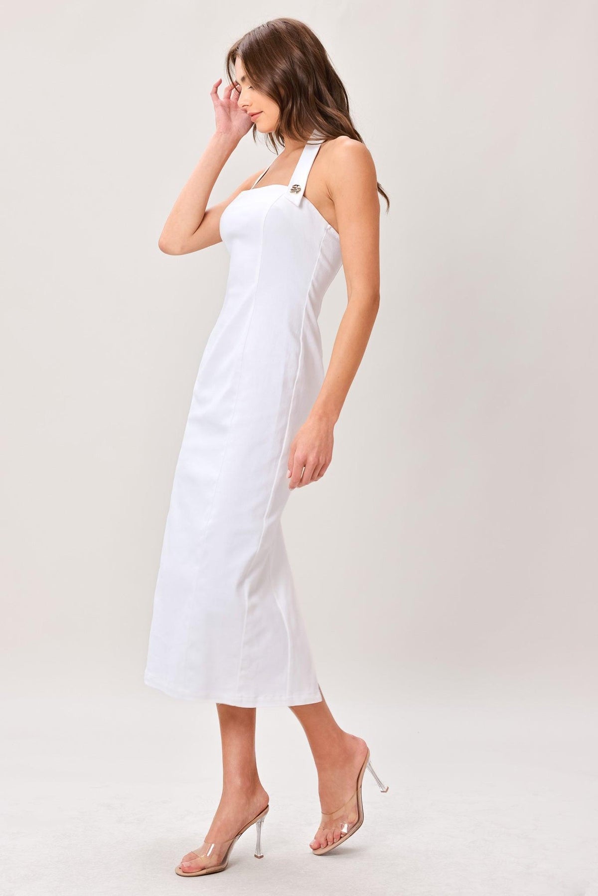 Halter Midi Crepe Cocktail Sheath Column Dress Flying Tomato ID23884