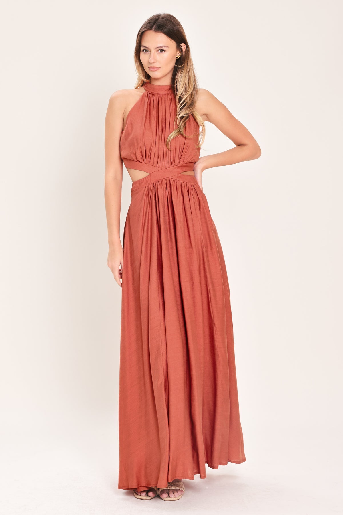 Terracotta Halter Floor-Length Woven Formal A-Line Dress Flying Tomato ID23944