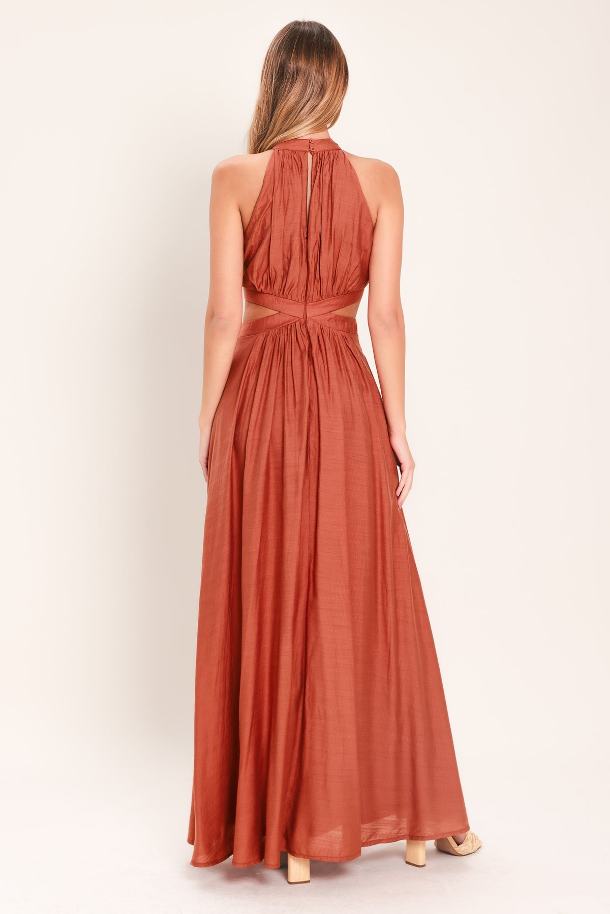 Terracotta Halter Floor-Length Woven Formal A-Line Dress Flying Tomato ID23944