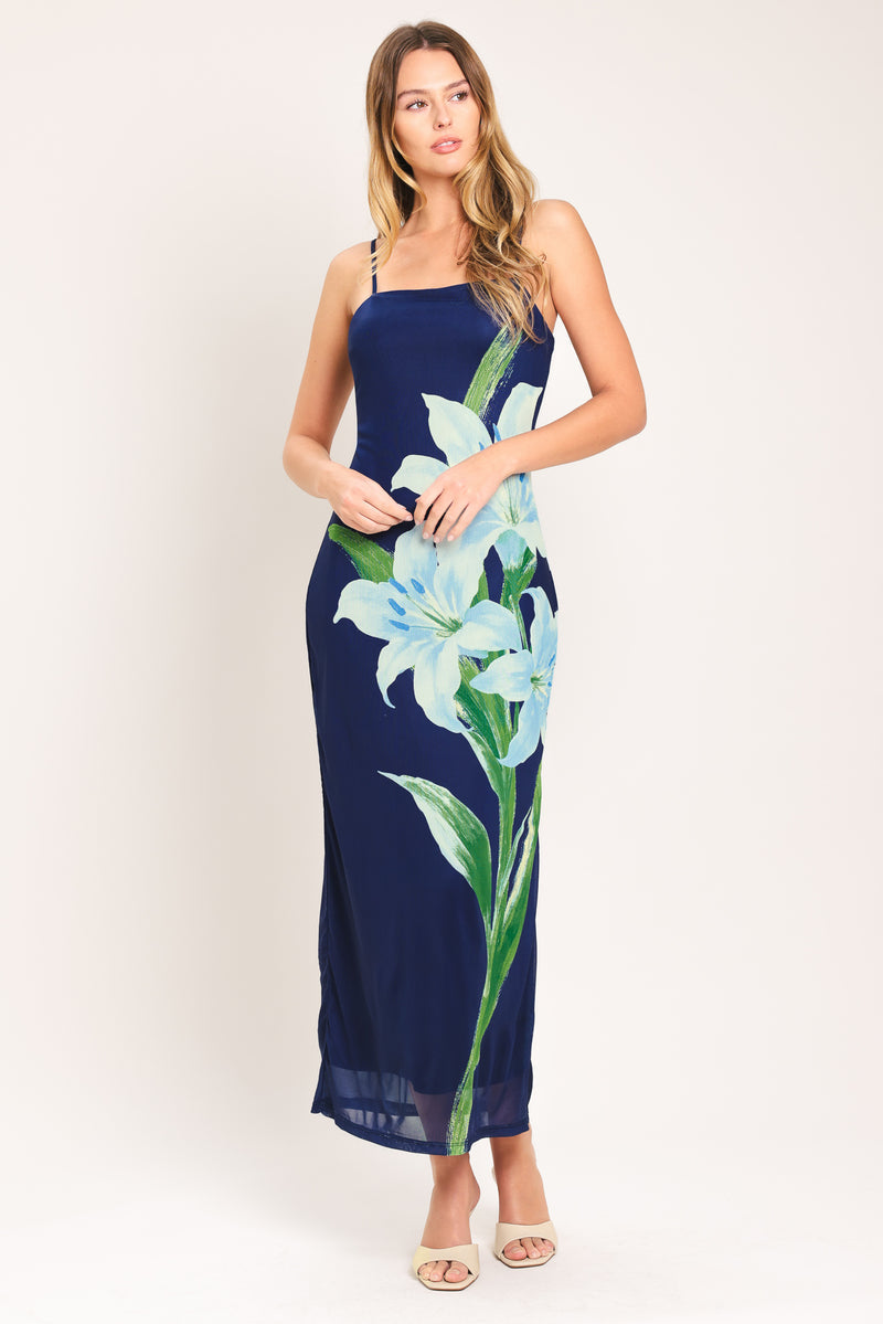 Square Neck Midi Mesh Floral Sheath Column Dress Flying Tomato ID23946