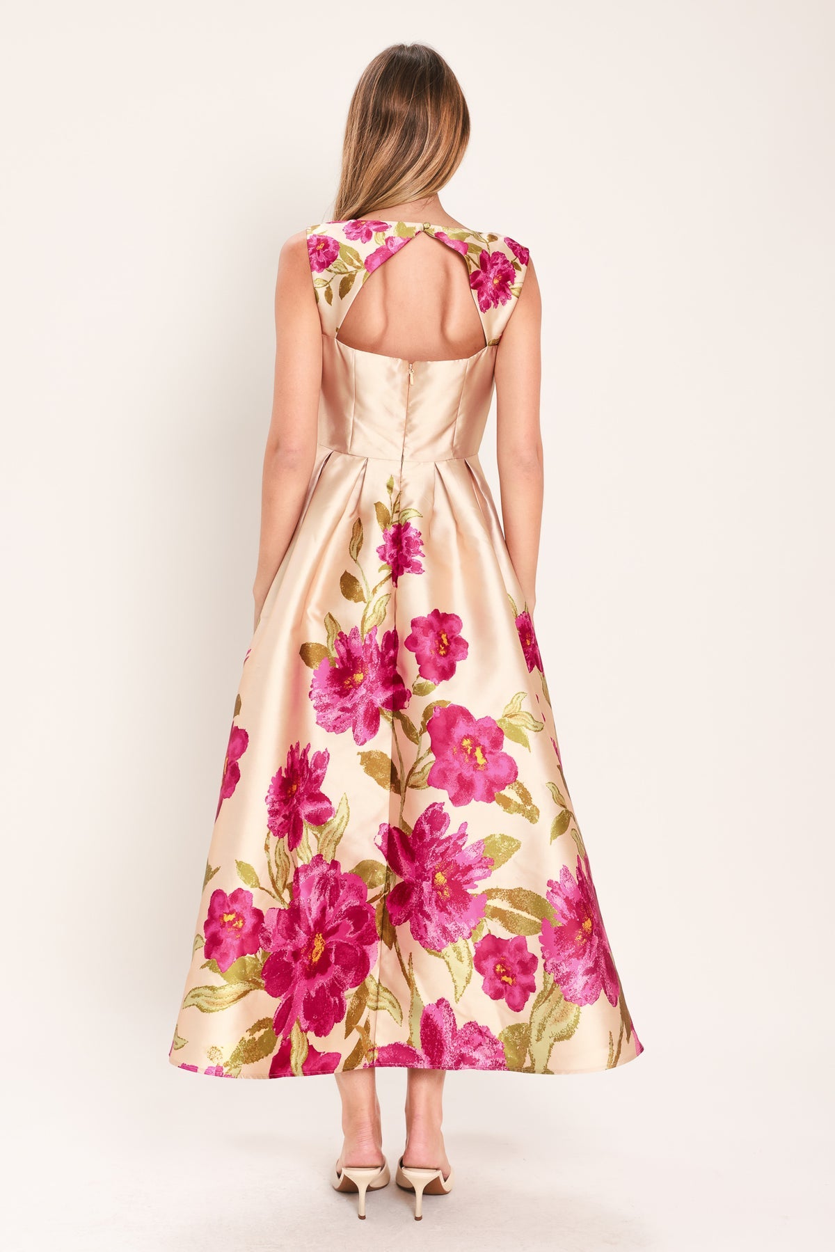 Pink Floral High-Neck Tea-Length Satin Cocktail Dress Floral Flying Tomato ID24070