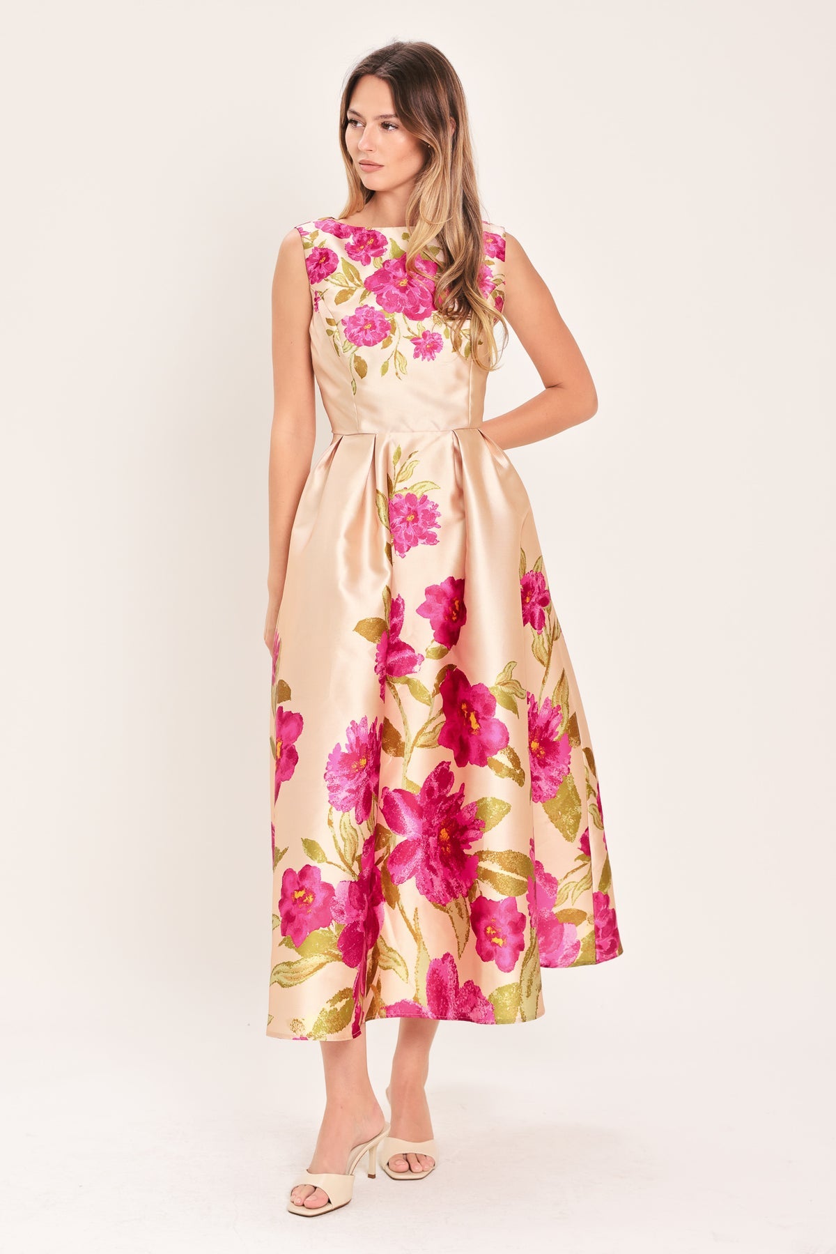 Pink Floral High-Neck Tea-Length Satin Cocktail Dress Floral Flying Tomato ID24070