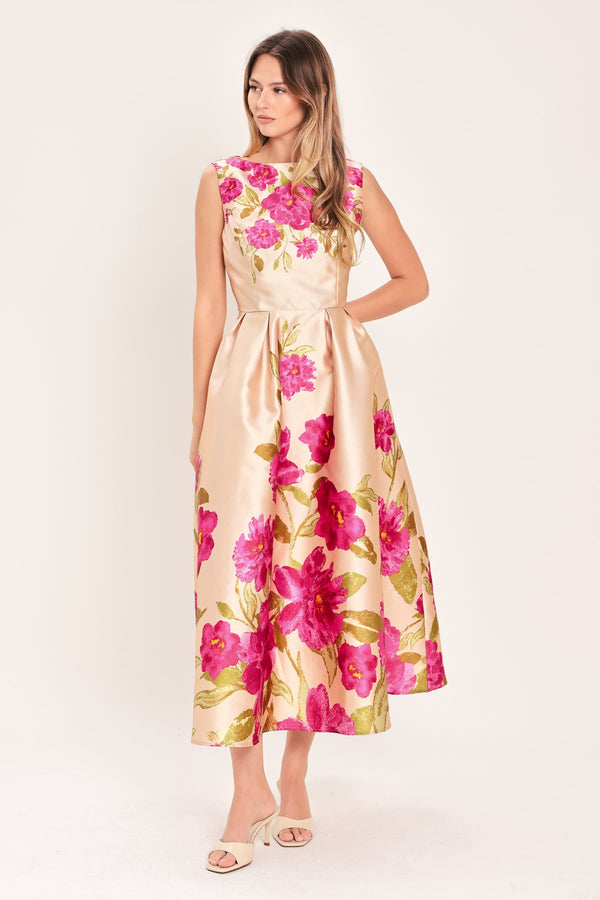 High-Neck Tea-Length Satin Cocktail Dress Floral Flying Tomato ID24070