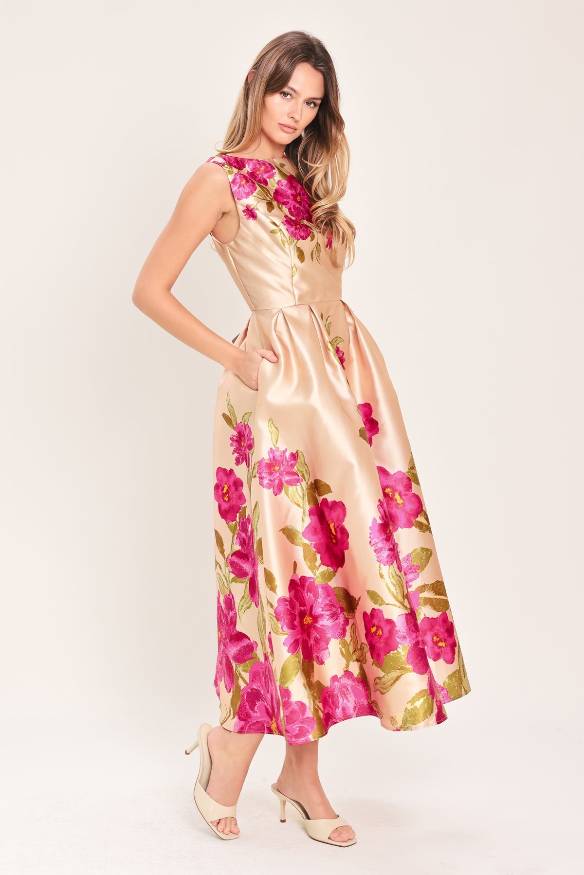 Pink Floral High-Neck Tea-Length Satin Cocktail Dress Floral Flying Tomato ID24070