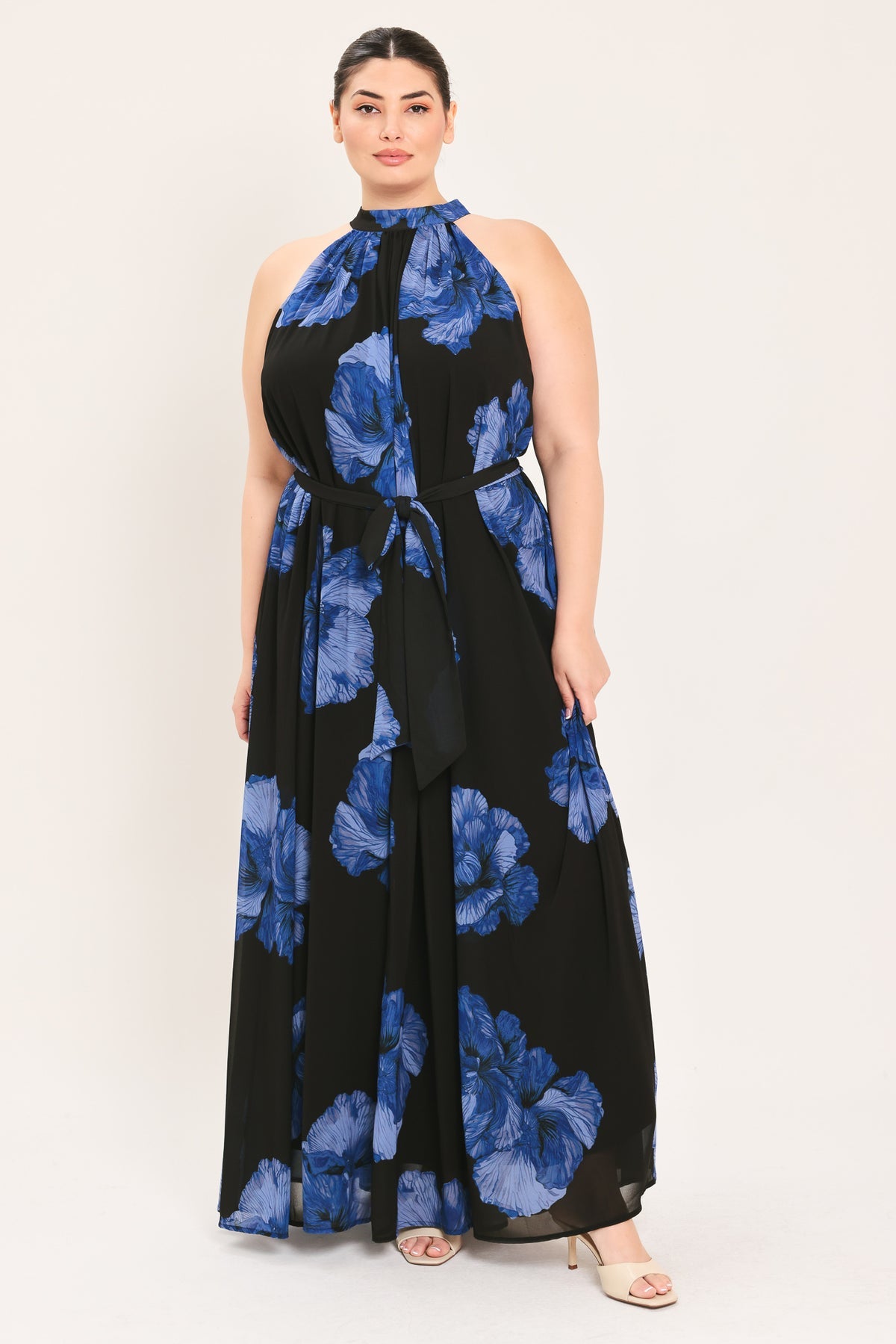 Black/Blue Halter Floor-Length Chiffon Cocktail Floral Dress Flying Tomato ID24237