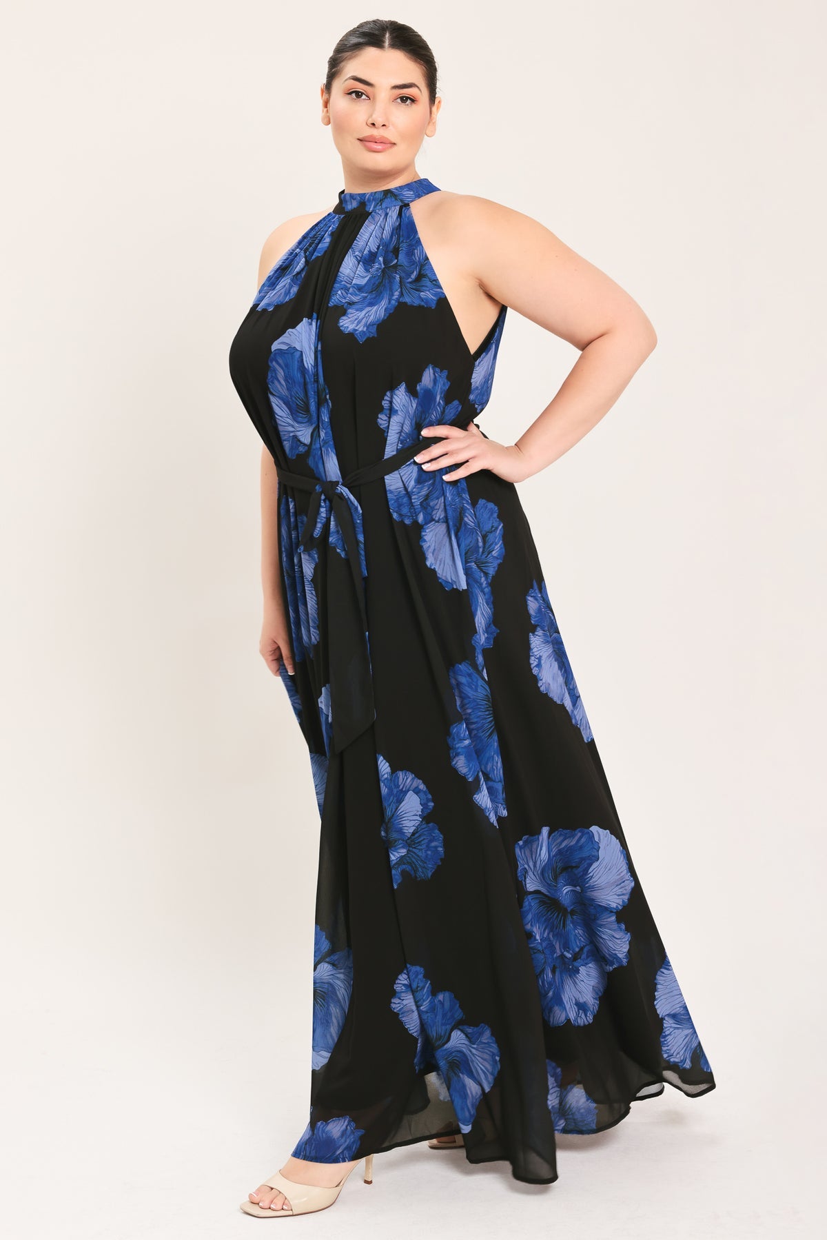 Black/Blue Halter Floor-Length Chiffon Cocktail Floral Dress Flying Tomato ID24237