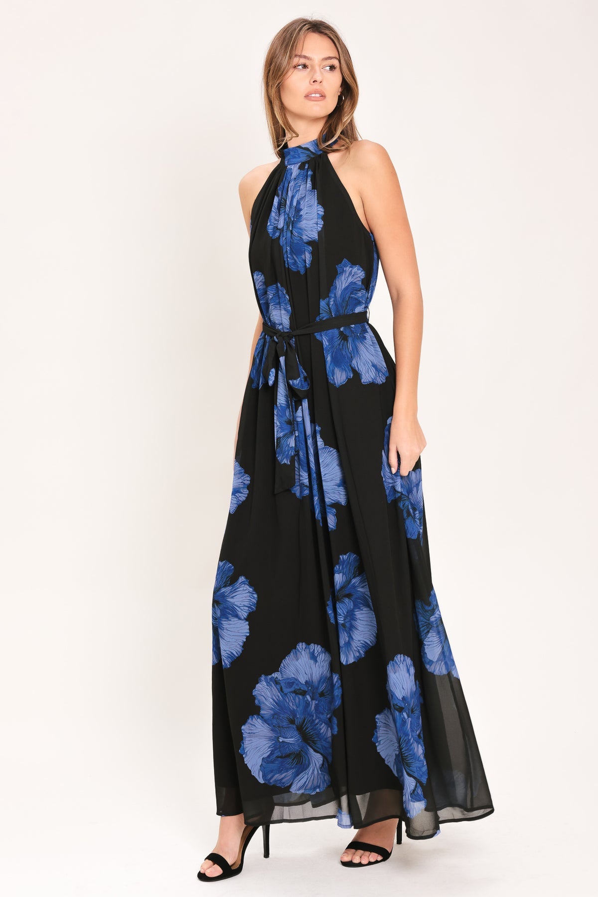 Black/Blue Halter Floor-Length Chiffon Cocktail Floral Dress Flying Tomato ID24237