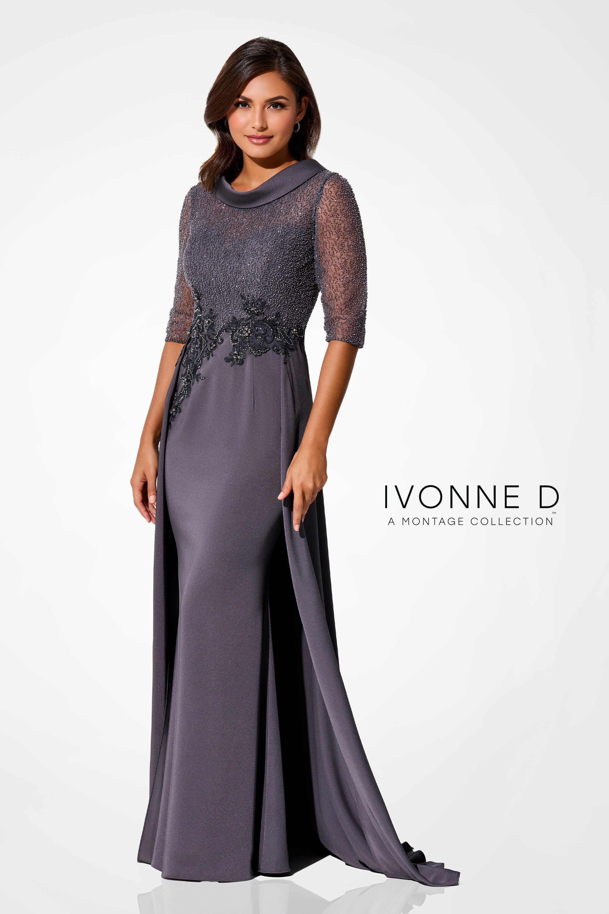 Formal Dresses Beaded Lace Long Formal Overskirt Evening Dress Charcoal