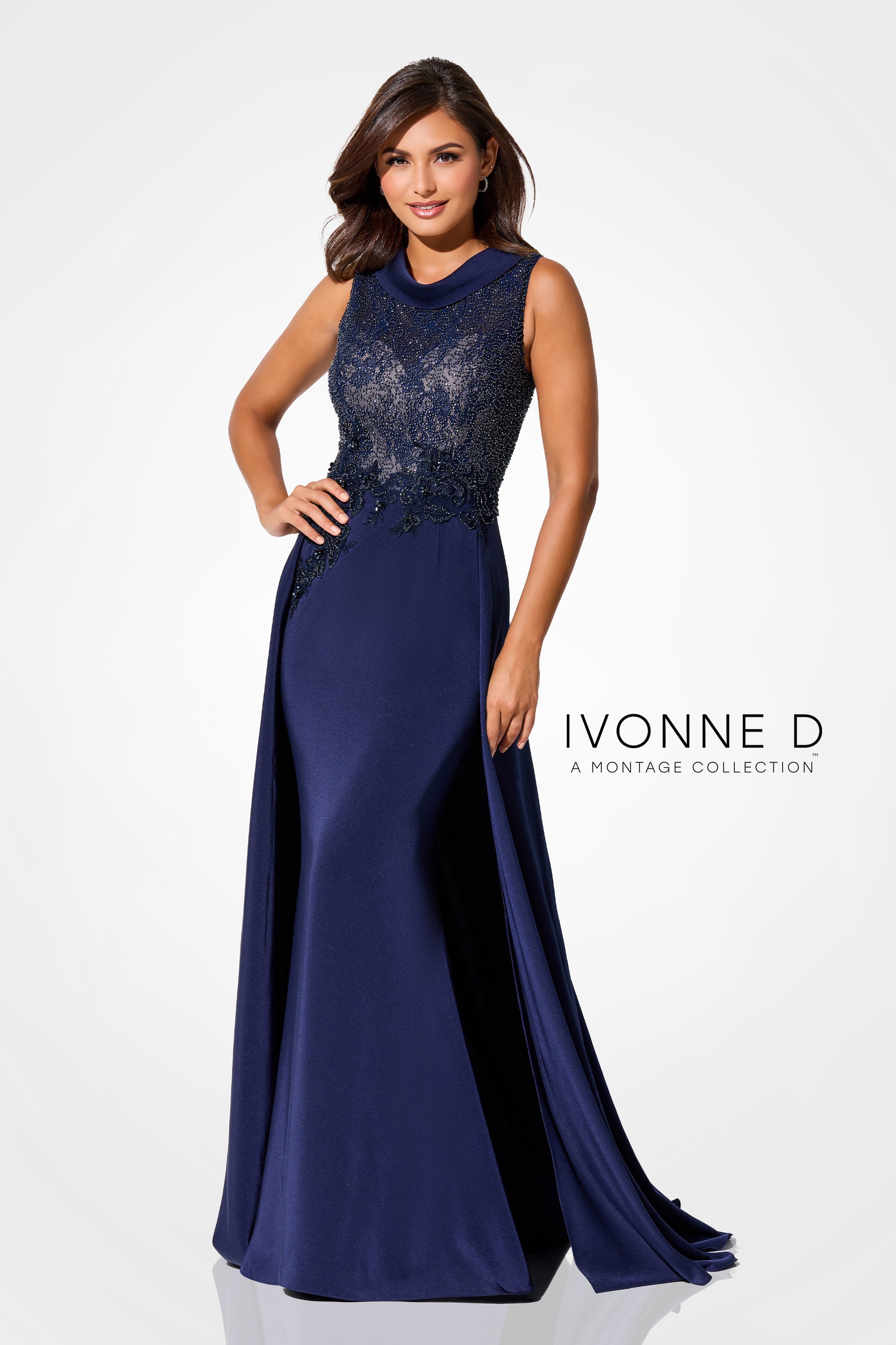 Formal Dresses Beaded Lace Long Formal Overskirt Evening Dress Navy Blue