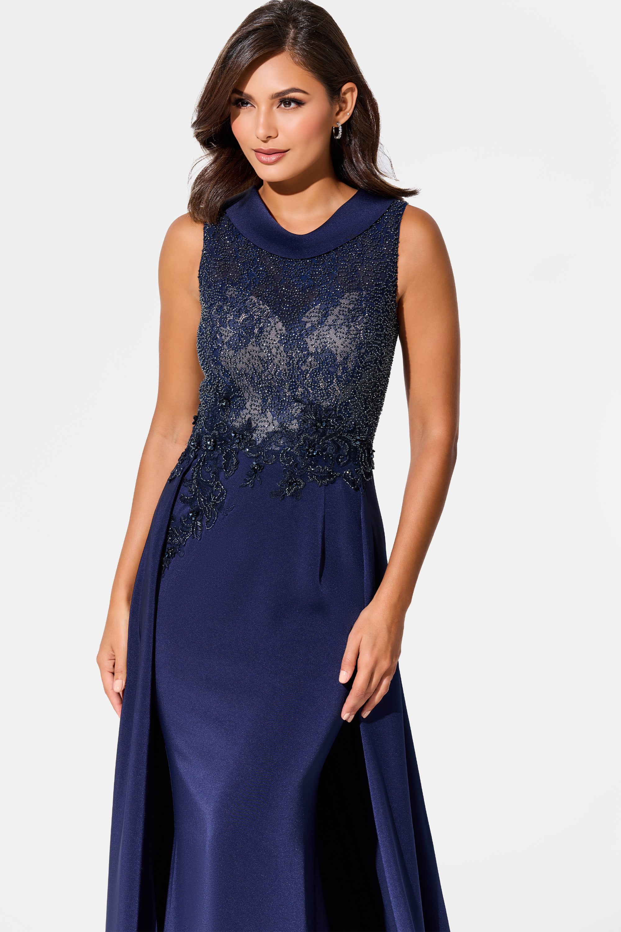 Formal Dresses Beaded Lace Long Formal Overskirt Evening Dress Navy Blue
