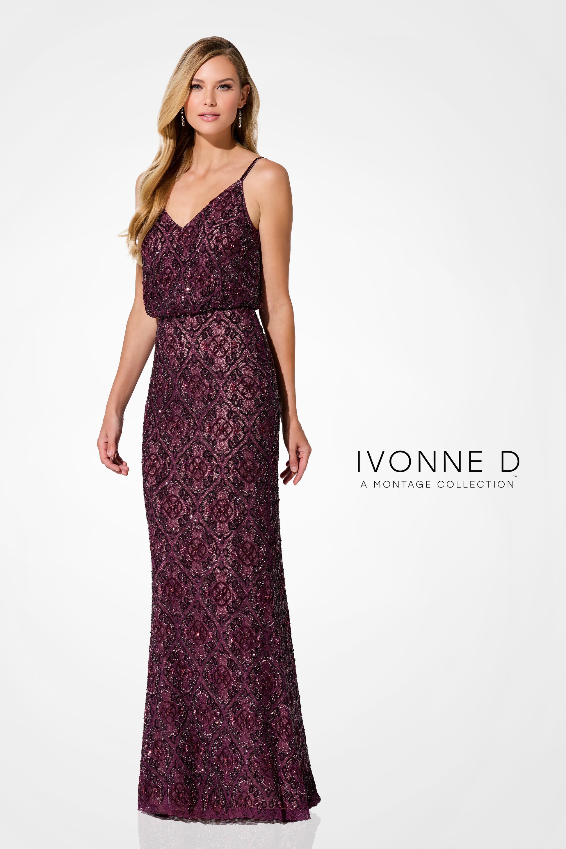Ivonne D ID322 Beaded Lace Long Formal Sequin Evening Gown