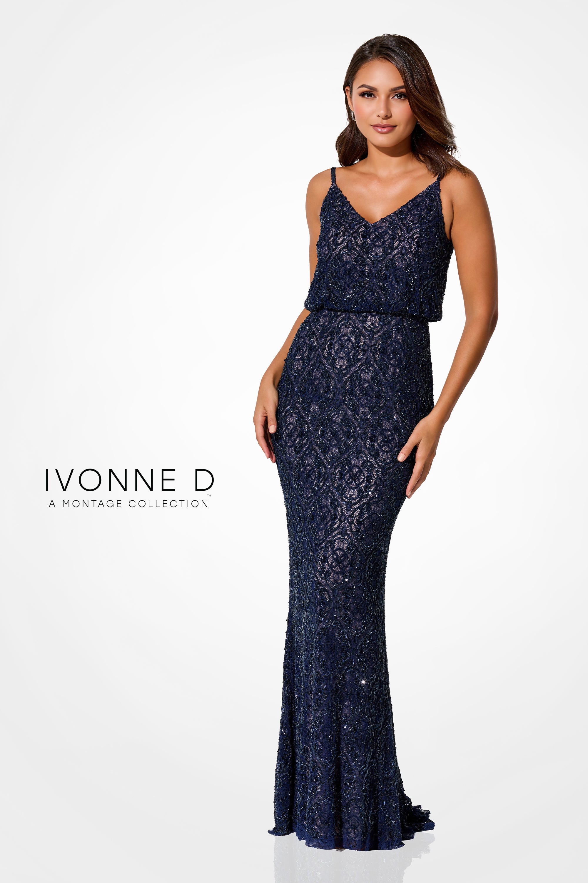 Formal Dresses Beaded Lace Long Formal Sequin Evening Gown Navy Blue