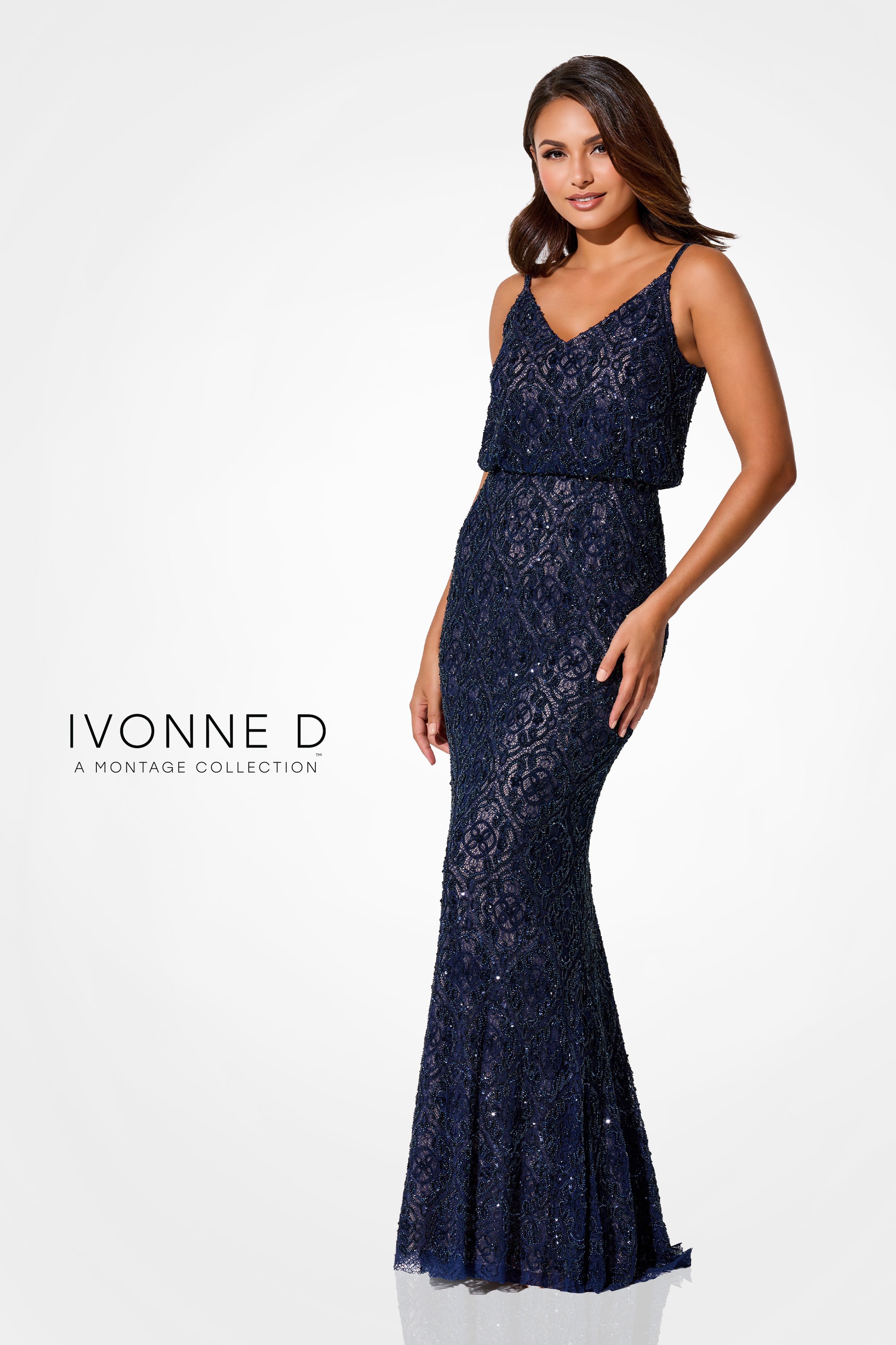 Formal Dresses Beaded Lace Long Formal Sequin Evening Gown Navy Blue