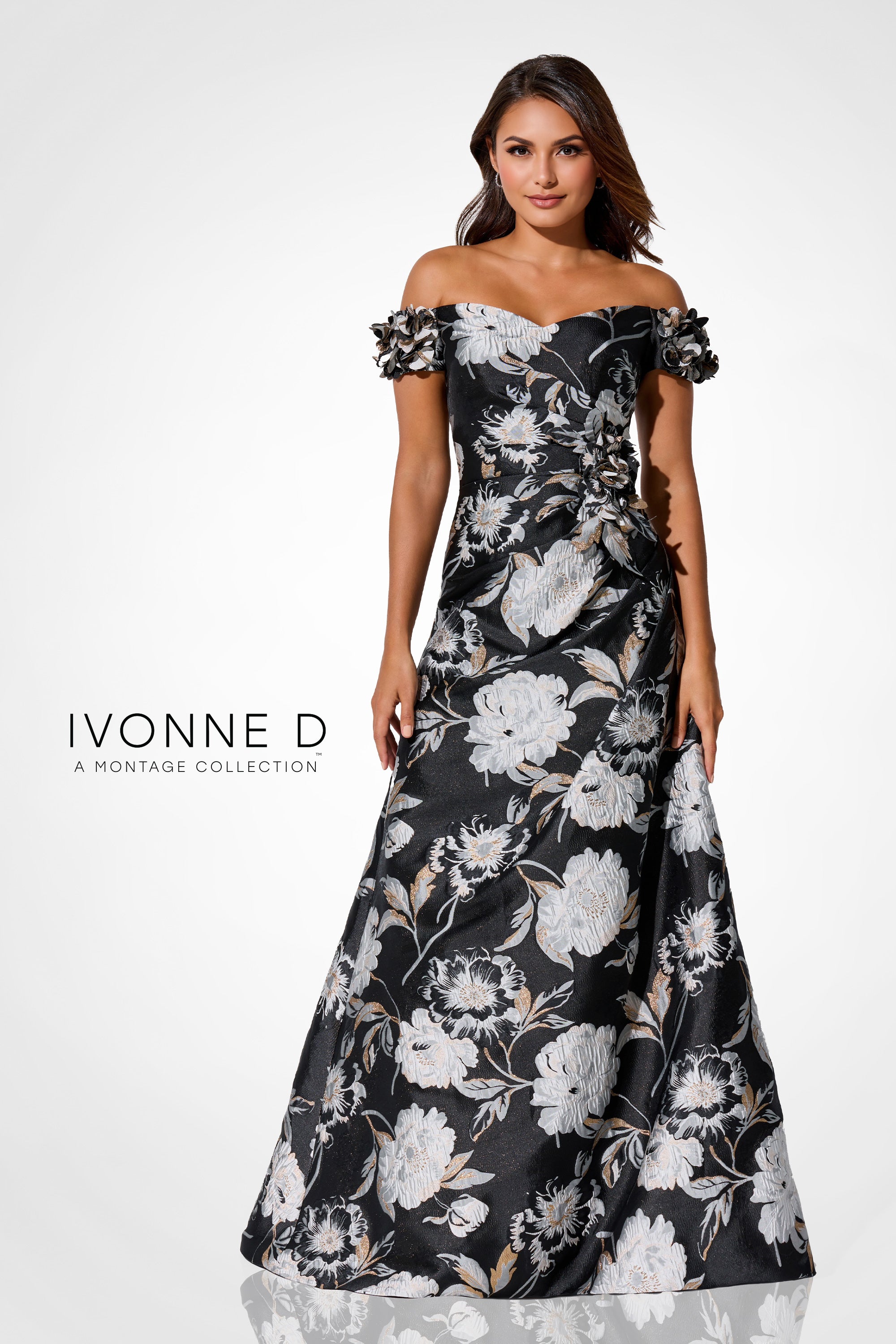 Platinum Ivonne D ID325 Long Formal Floral Applique Evening Gown