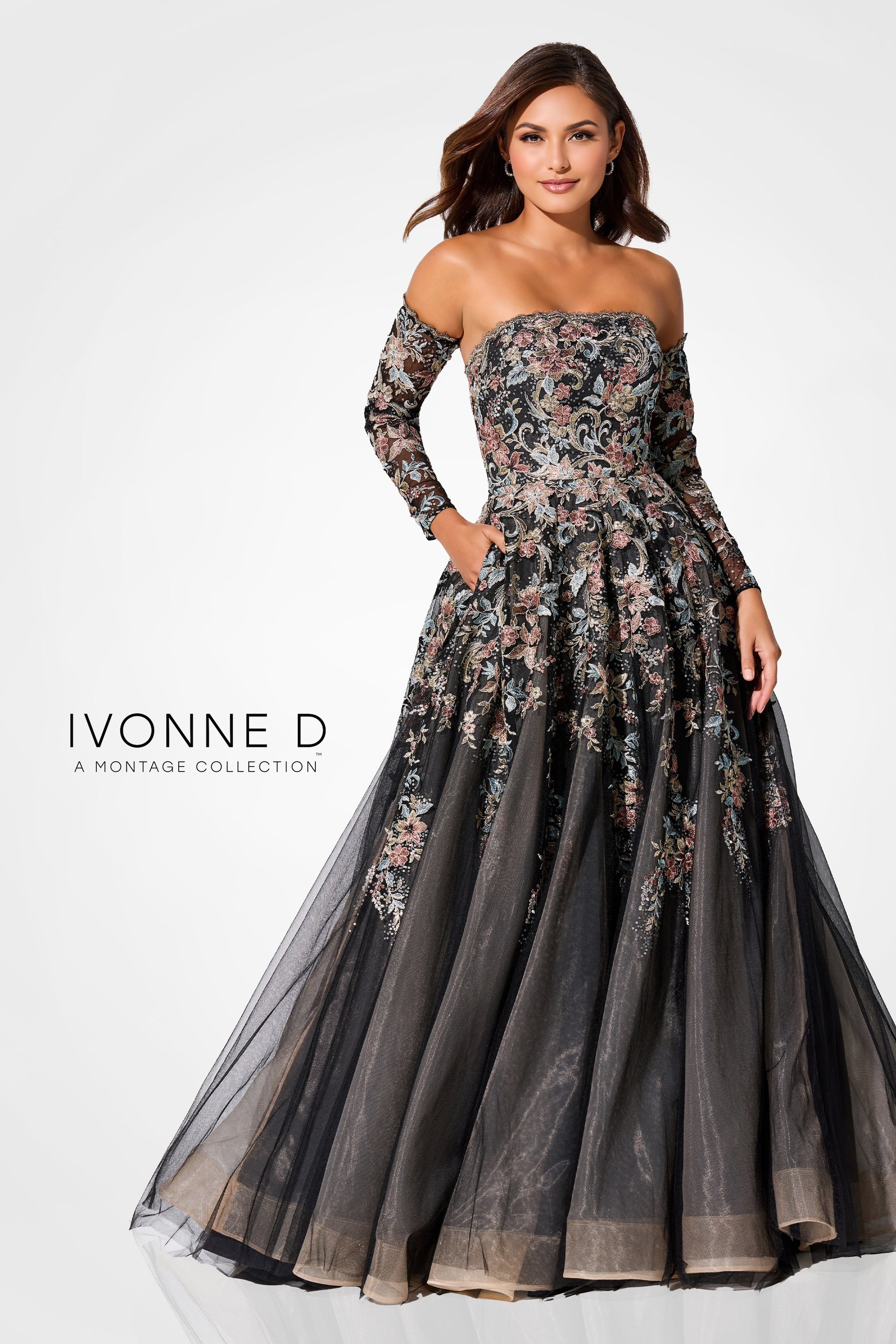 Ivonne D ID327 Long Floral Sequin Formal Evening Dress