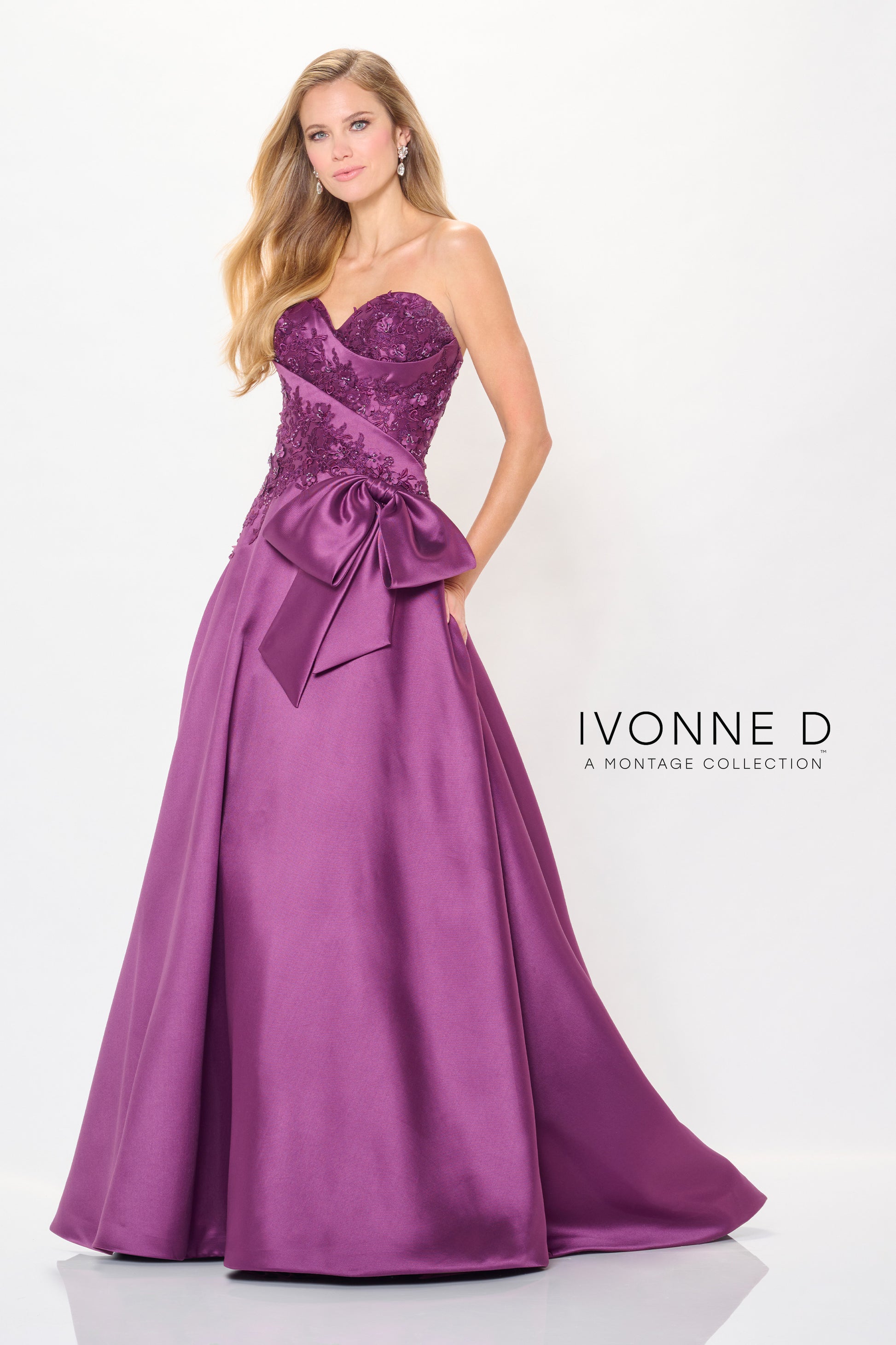 Ivonne D ID6201 A Line Long Formal Pleated Lace Evening Gown