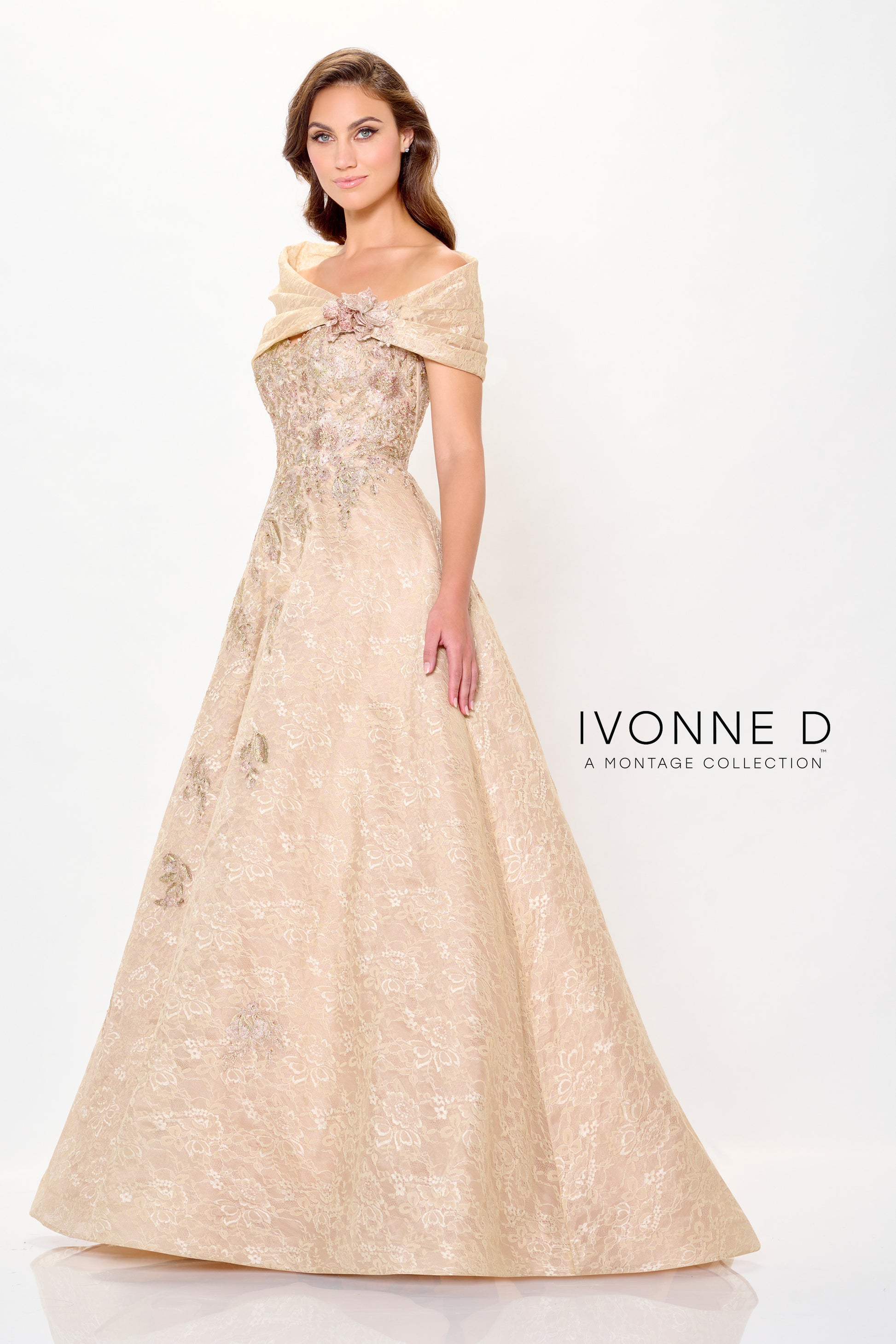 Ivonne D ID6202 Long A Line Formal Metallic Lace Evening Gown