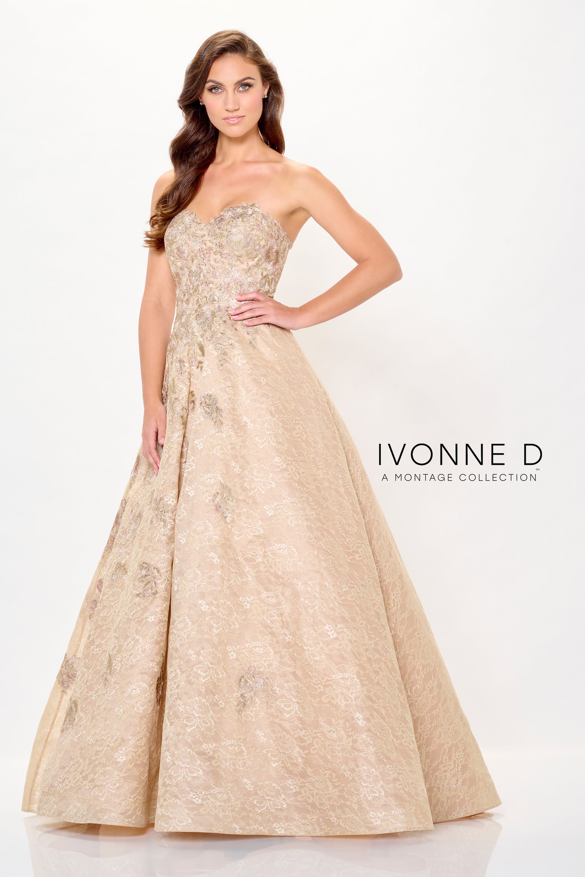 Ivonne D ID6202 Long A Line Formal Metallic Lace Evening Gown