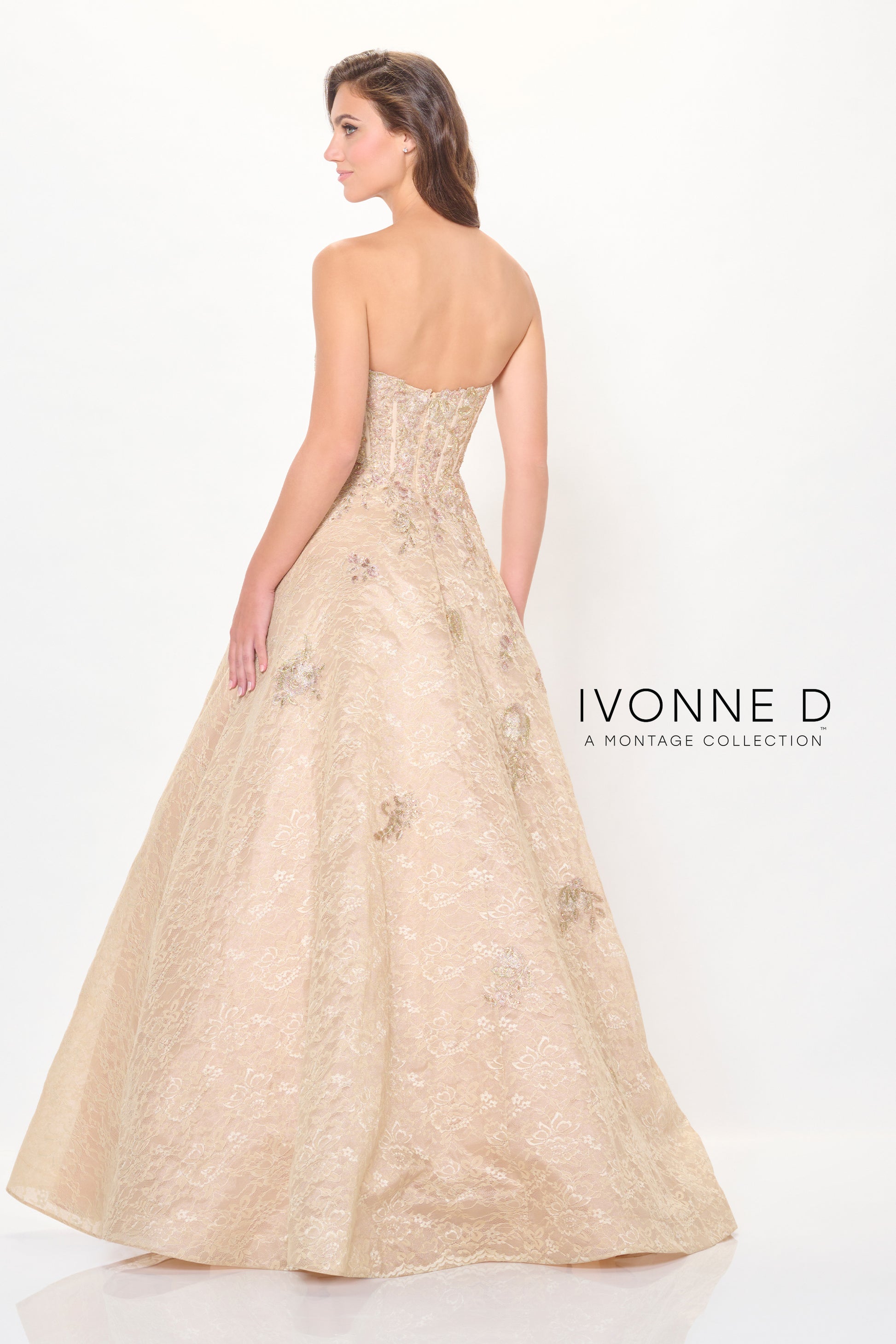 Ivonne D ID6202 Long A Line Formal Metallic Lace Evening Gown