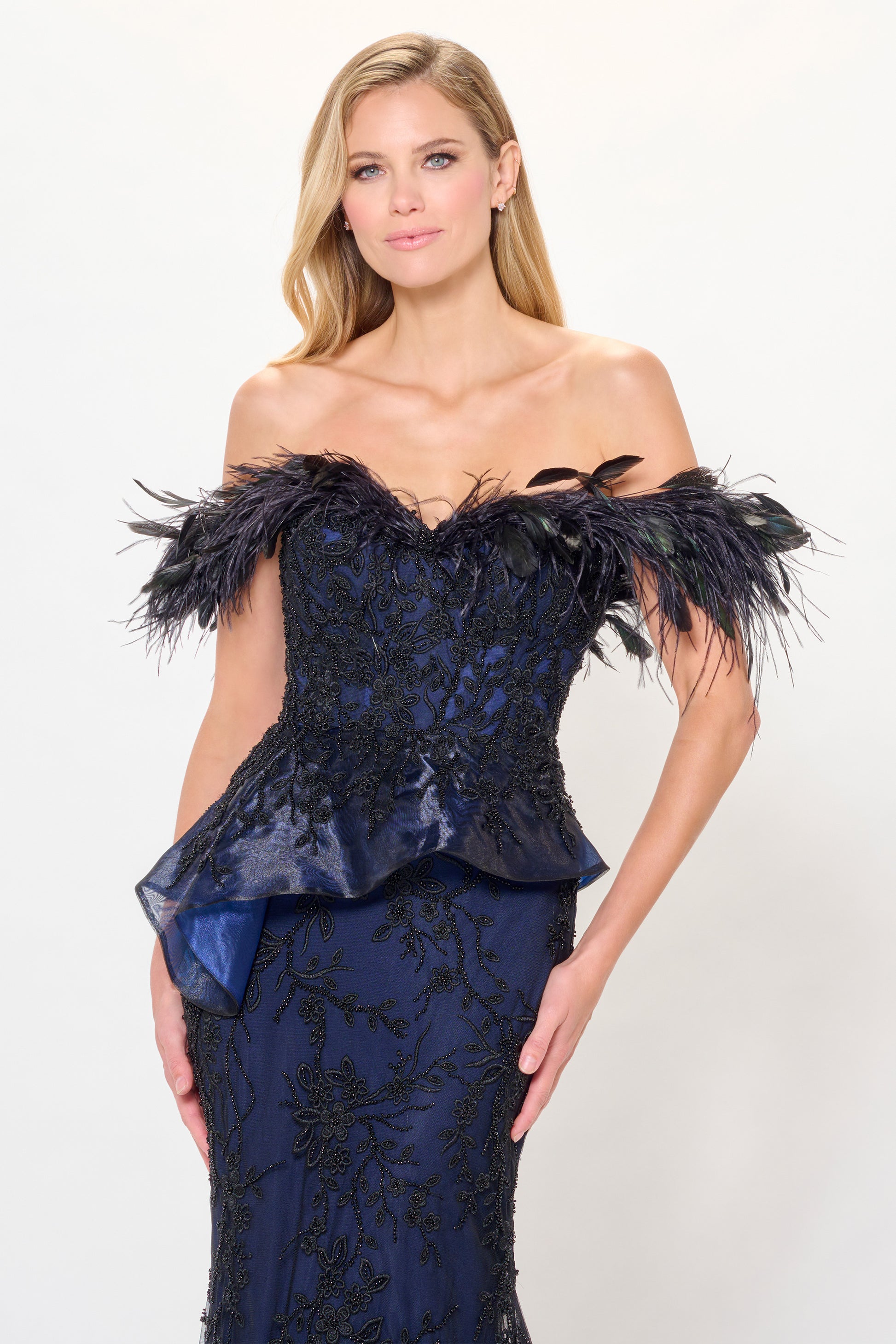 Ivonne D ID6208 Long Mermaid Formal Peplum Feather Evening Dress