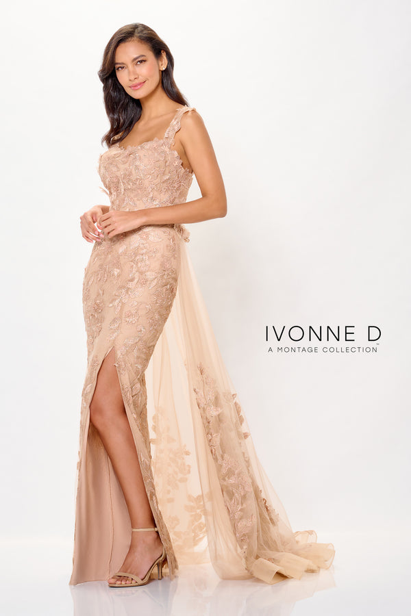 Ivonne D ID6209 Long Formal Lace Applique Overskirt Evening Gown