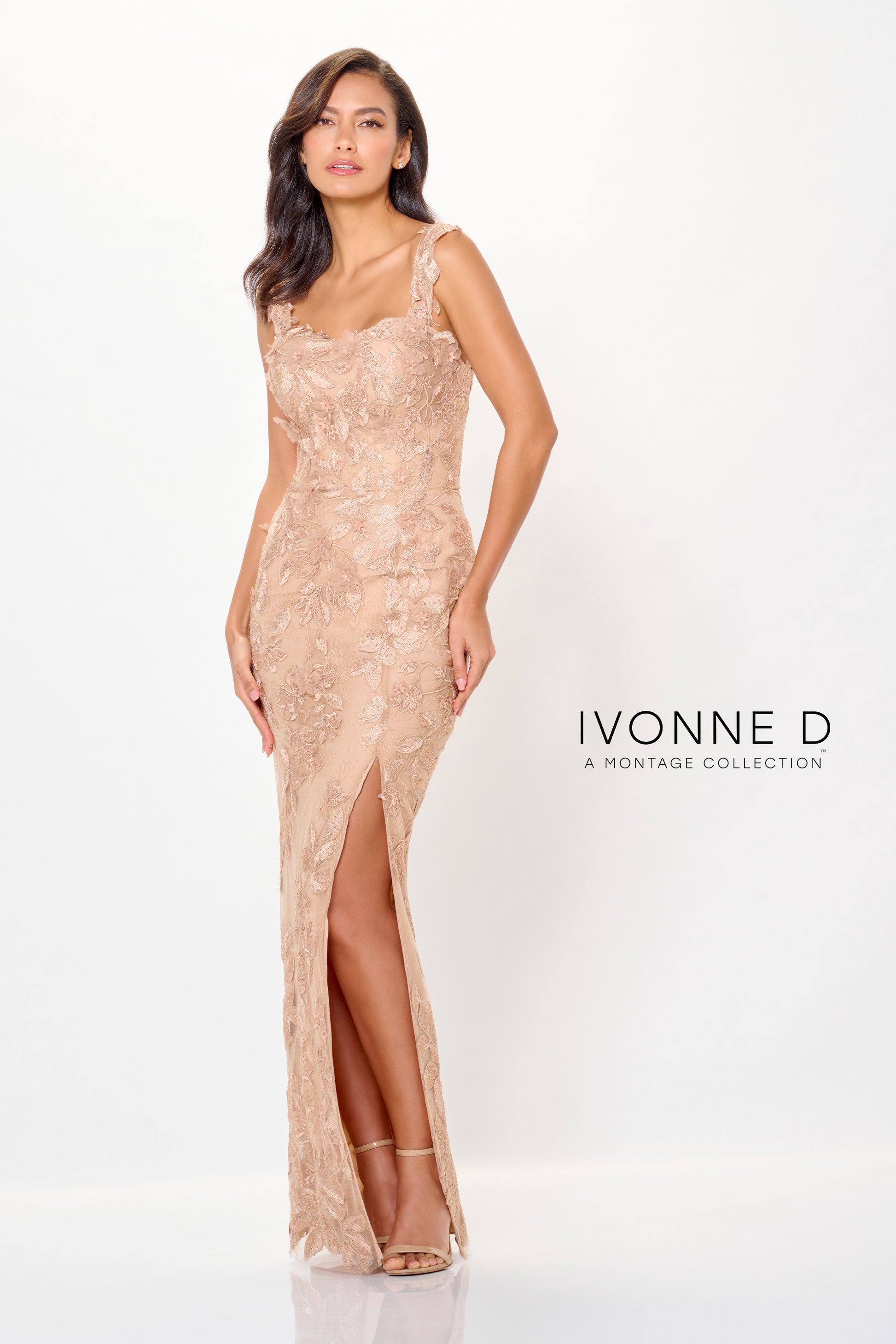Ivonne D ID6209 Long Formal Lace Applique Overskirt Evening Gown