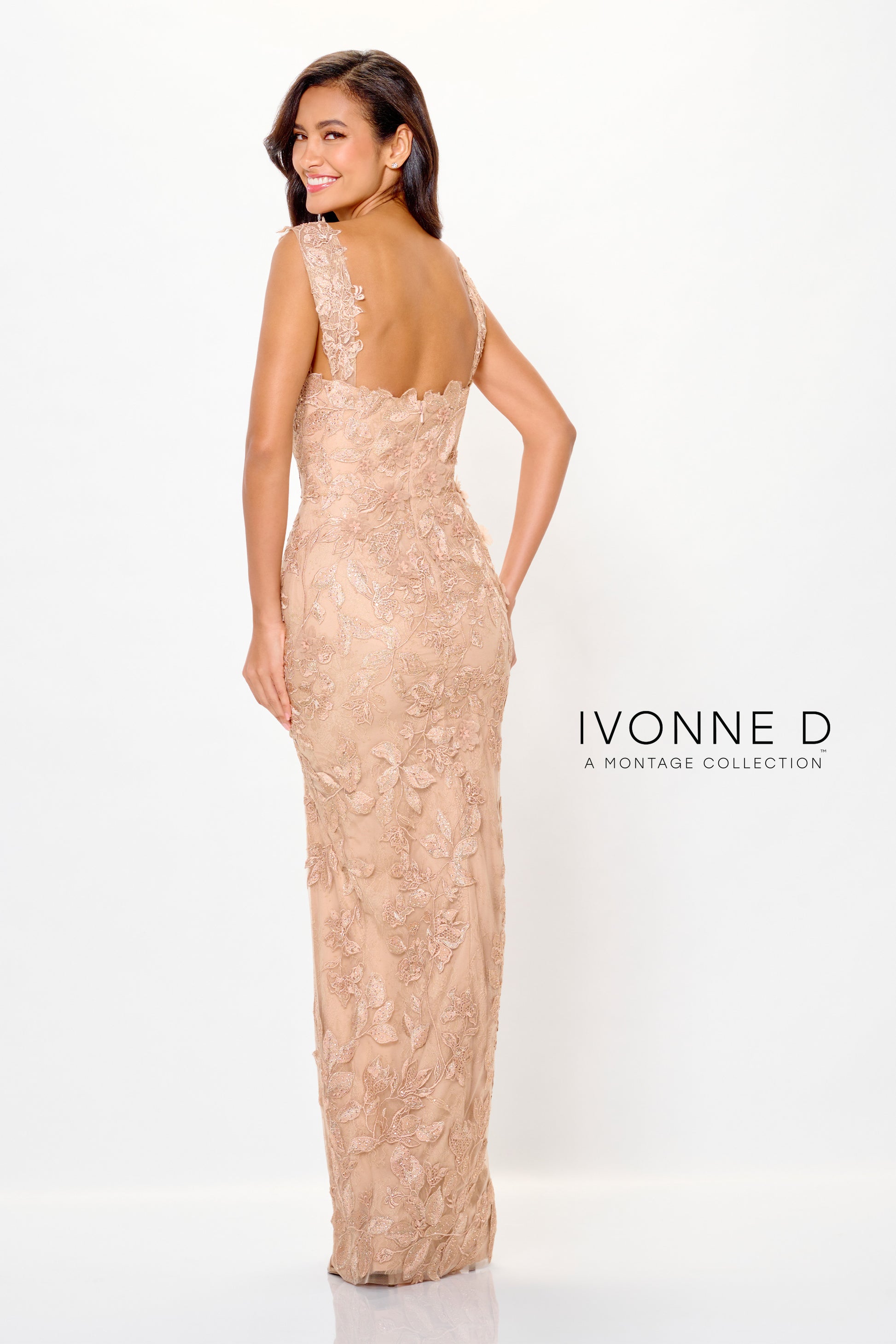 Ivonne D ID6209 Long Formal Lace Applique Overskirt Evening Gown