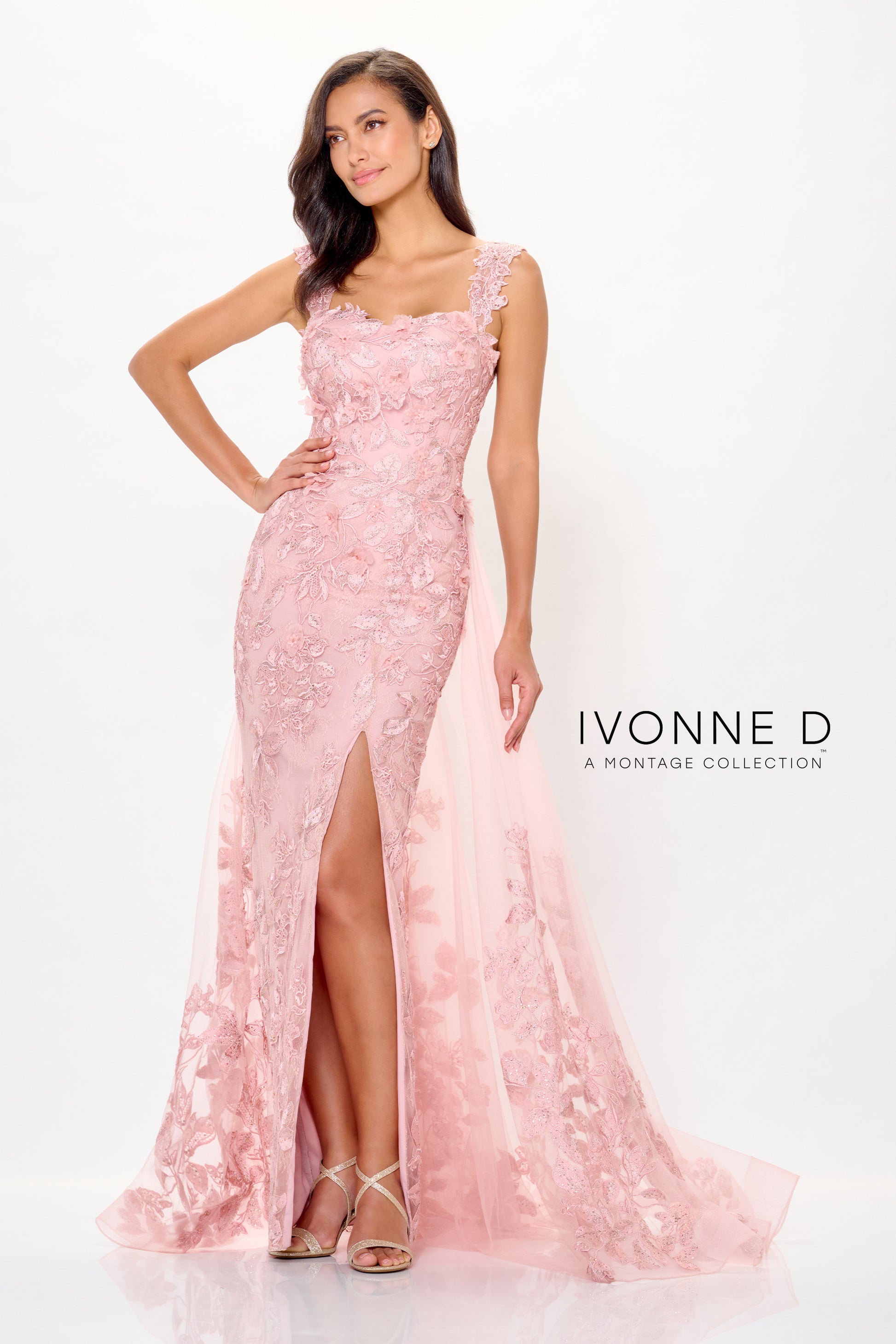 Ivonne D ID6209 Long Formal Lace Applique Overskirt Evening Gown