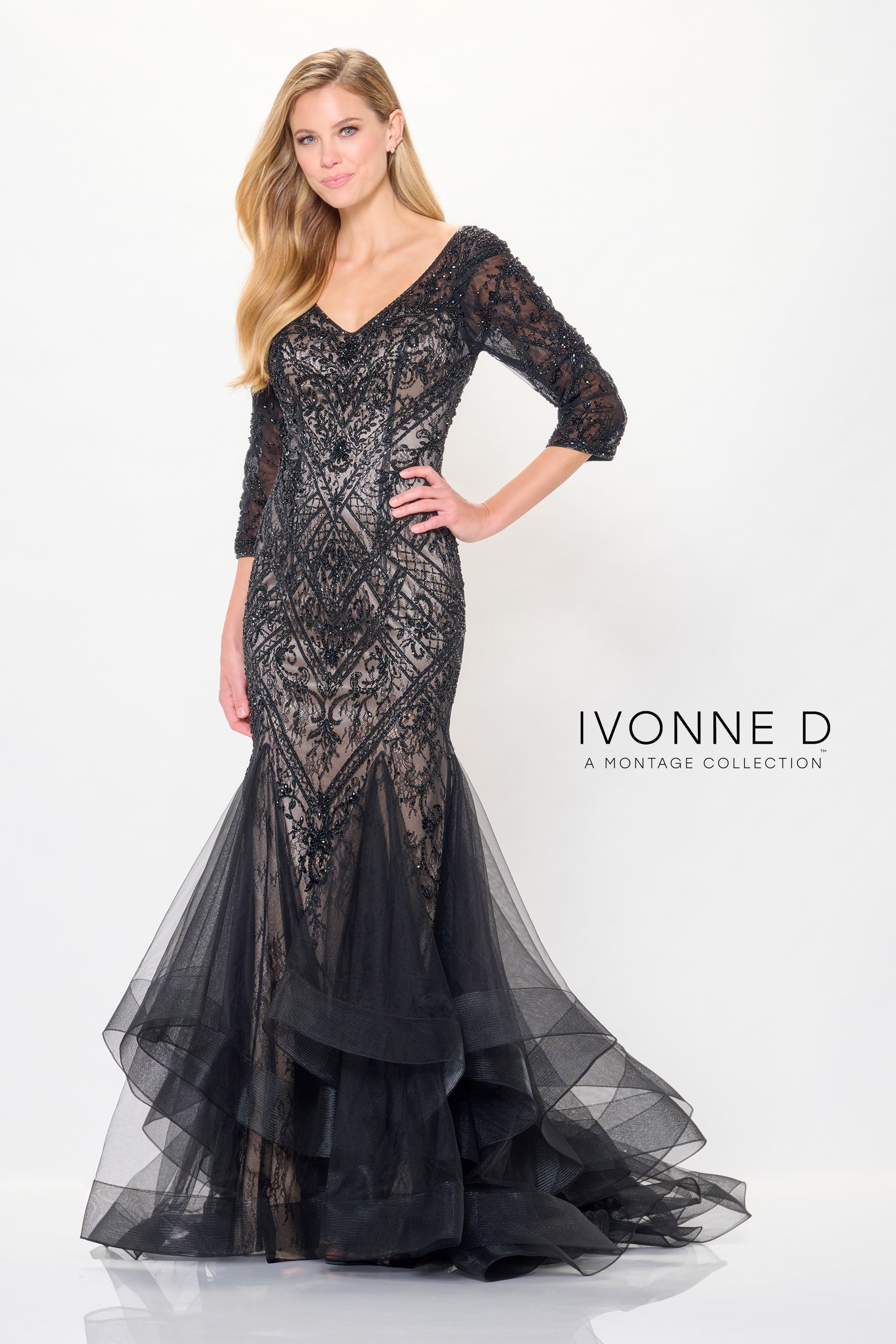 Ivonne D ID6210 Long Formal Beaded Lace Evening Dress