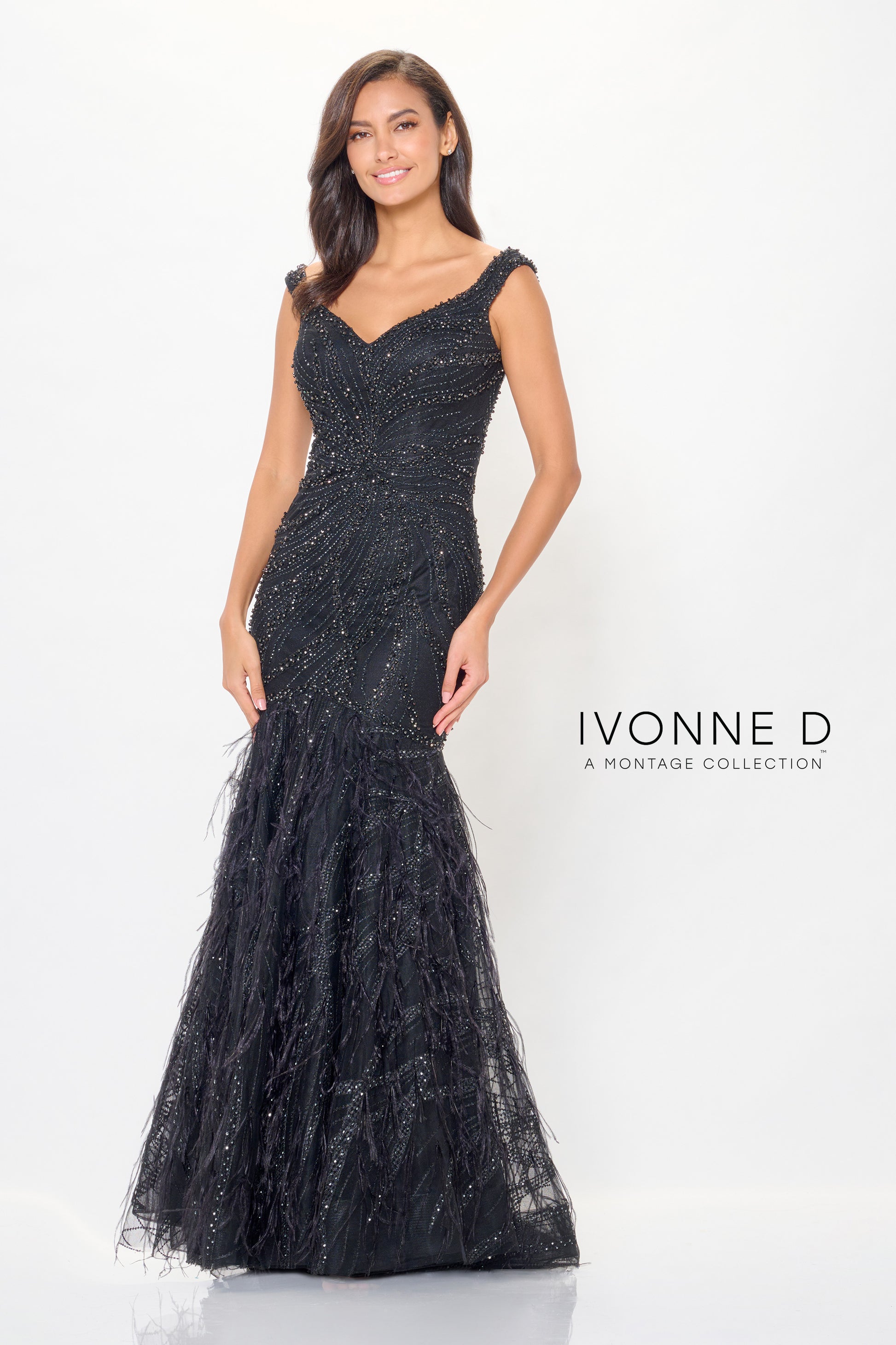 Ivonne D ID6213 Long Beaded Formal Feather Evening Dress