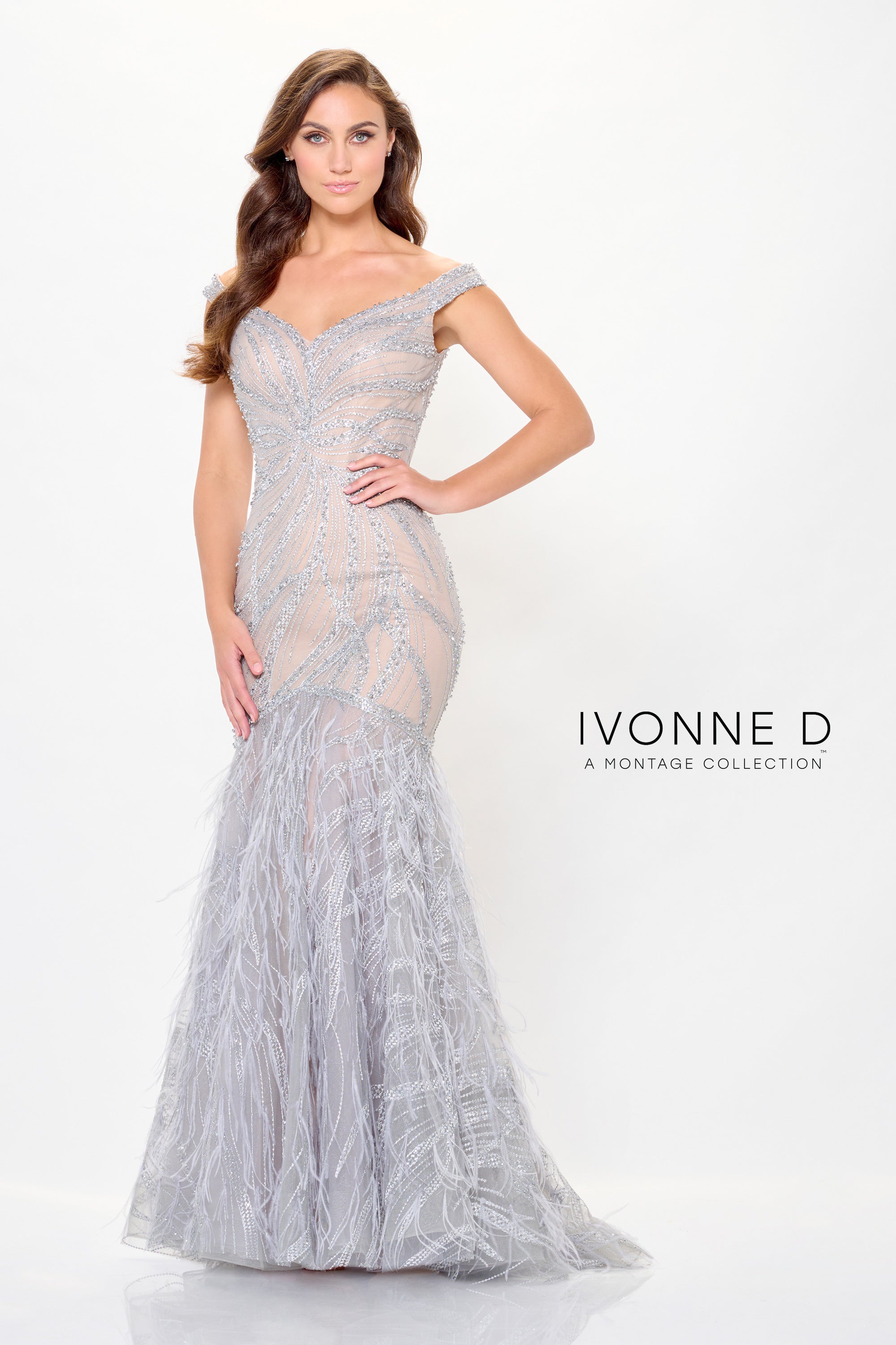 Formal Dresses Long Beaded Formal Feather Evening Dress Platinum/Nude