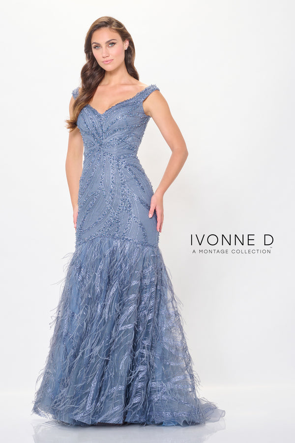 Ivonne D ID6213 Long Beaded Formal Feather Evening Dress