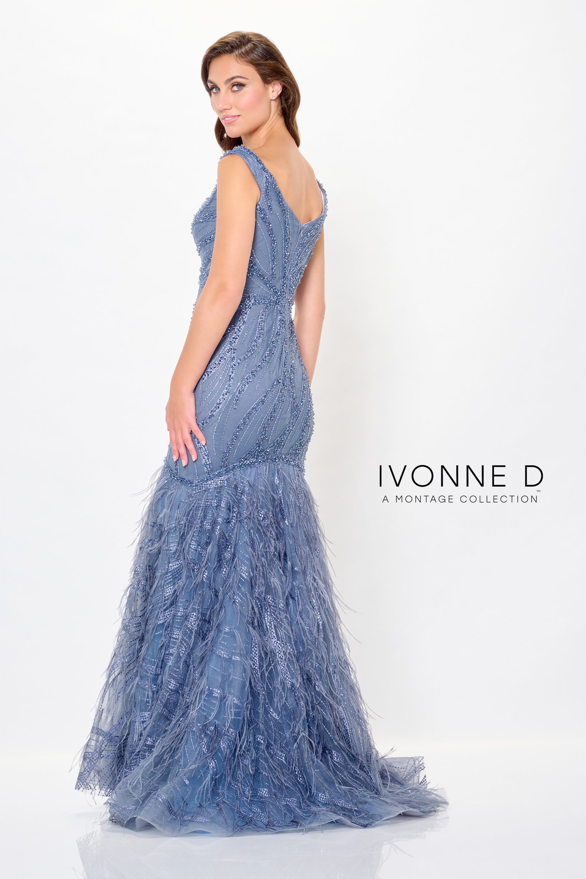 Ivonne D ID6213 Long Beaded Formal Feather Evening Dress