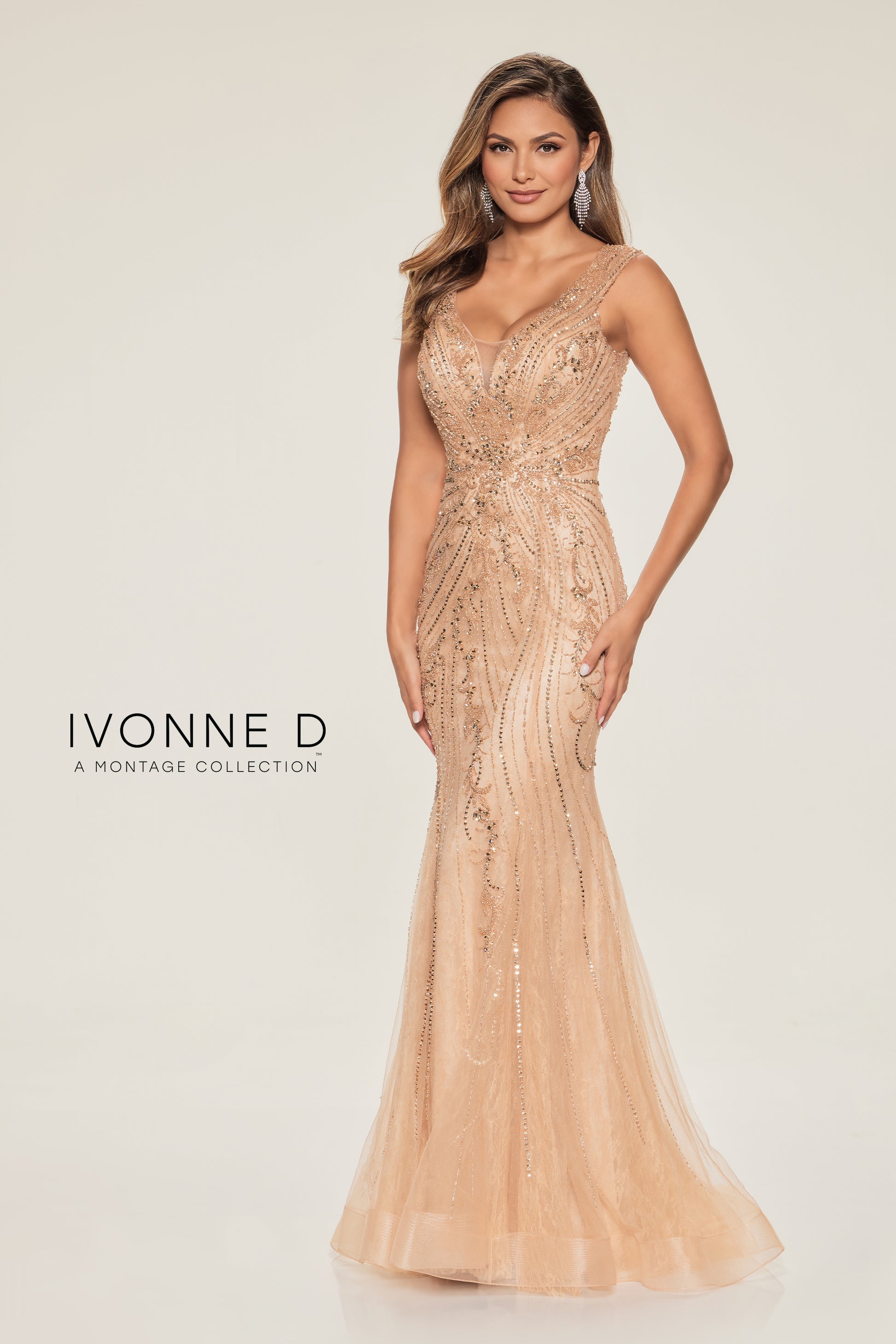 Ivonne D ID802 Beaded Sequin Long Formal Lace Evening Dress