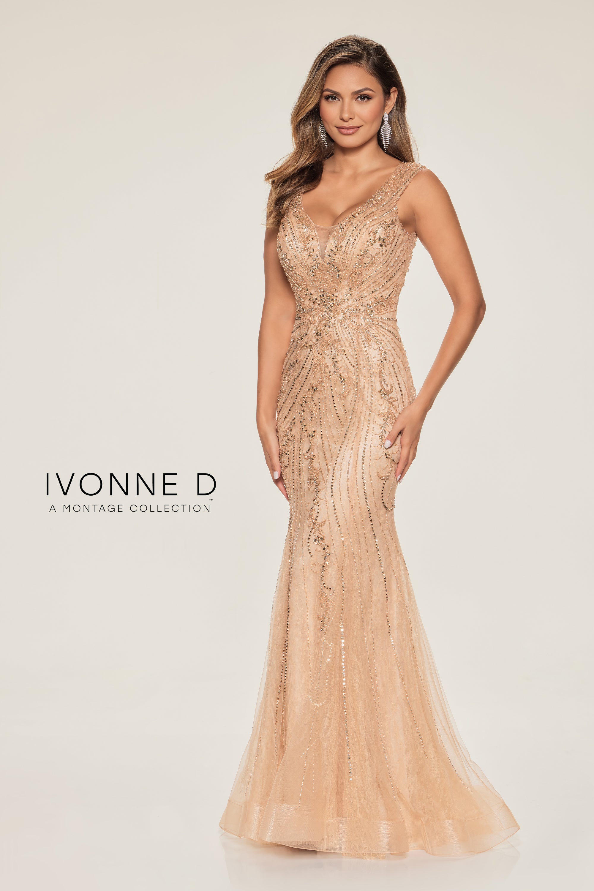 Formal Dresses Beaded Sequin Long Formal Lace Evening Dress Butterscotch