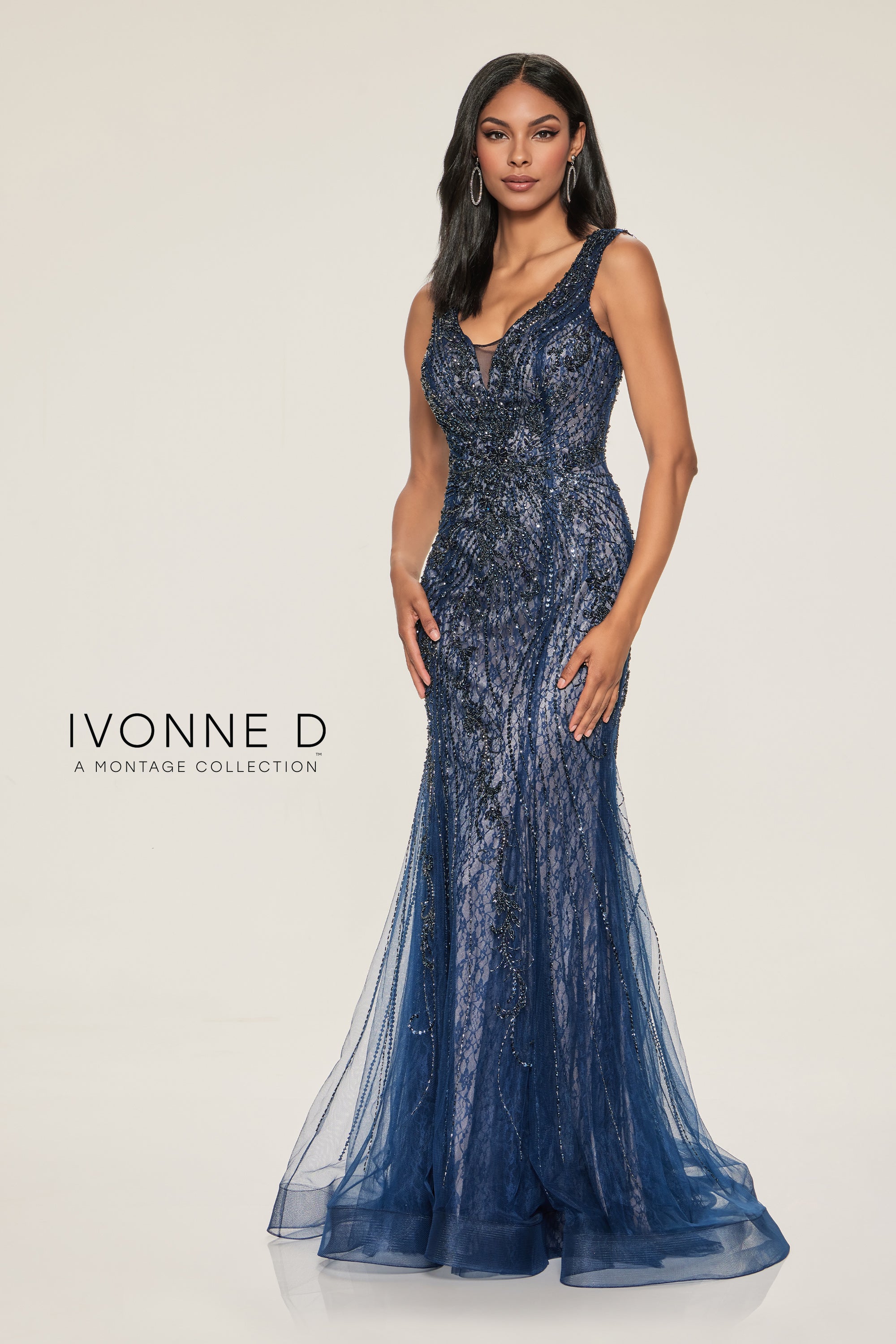 Formal Dresses Beaded Sequin Long Formal Lace Evening Dress Navy/Nude