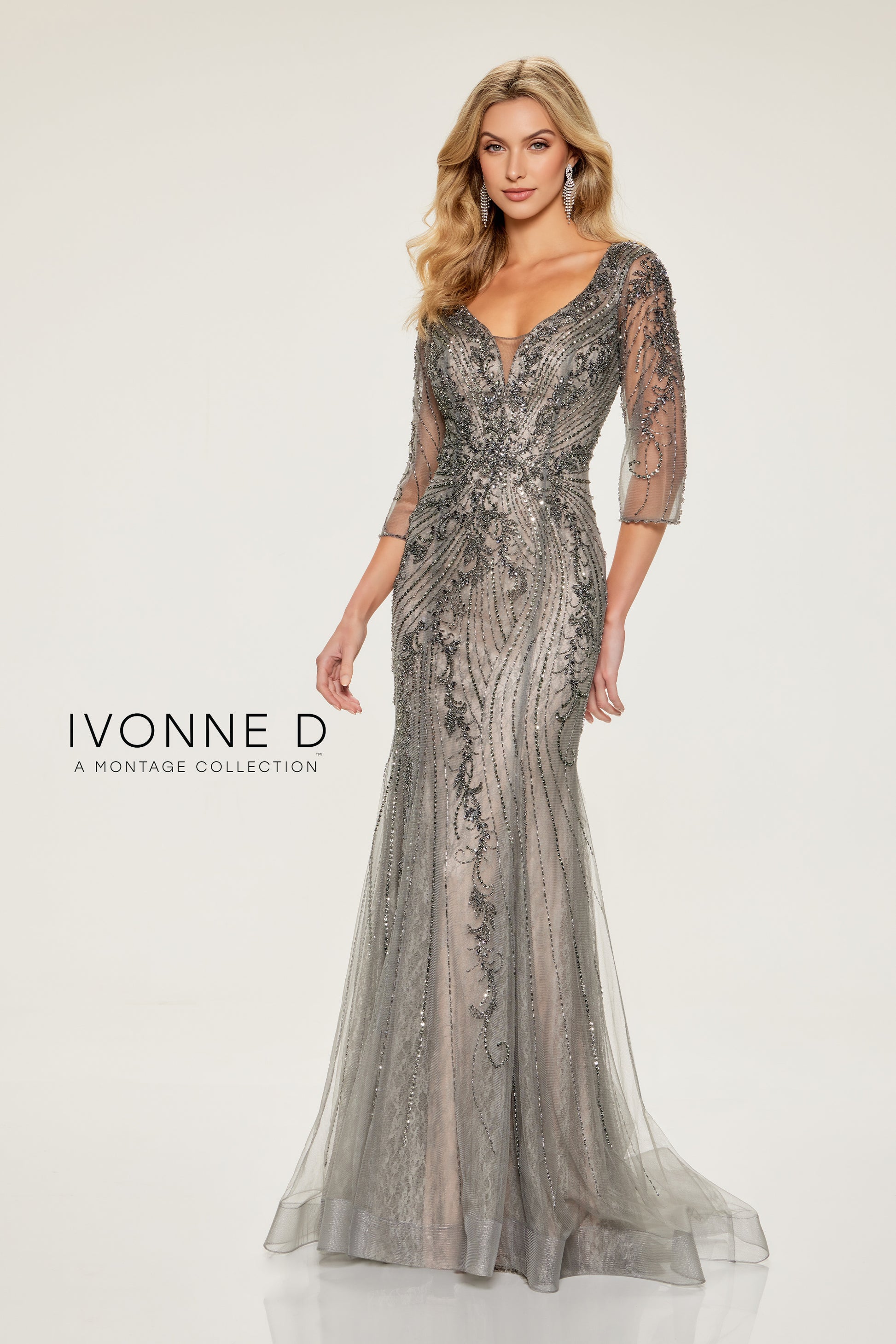 Ivonne D ID802 Beaded Sequin Long Formal Lace Evening Dress