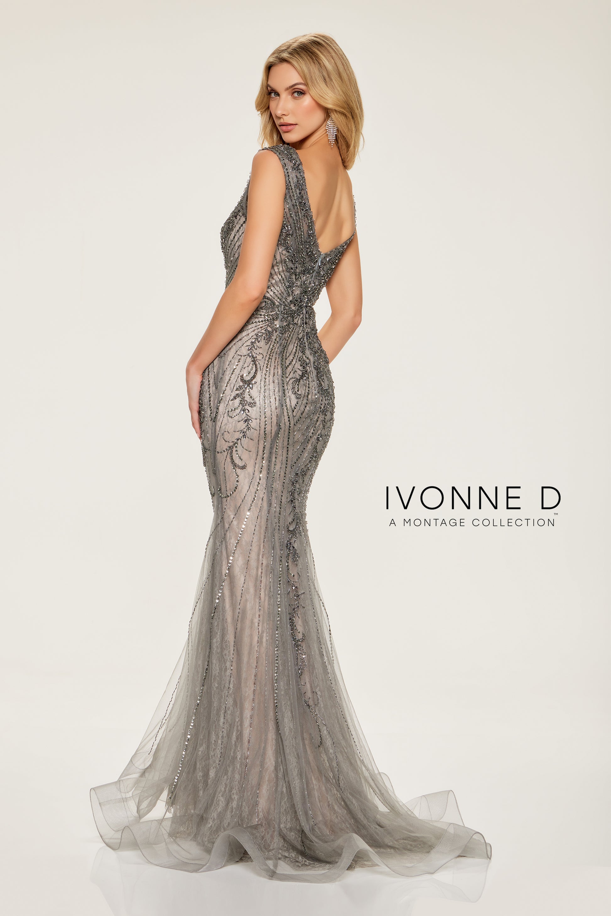 Ivonne D ID802 Beaded Sequin Long Formal Lace Evening Dress