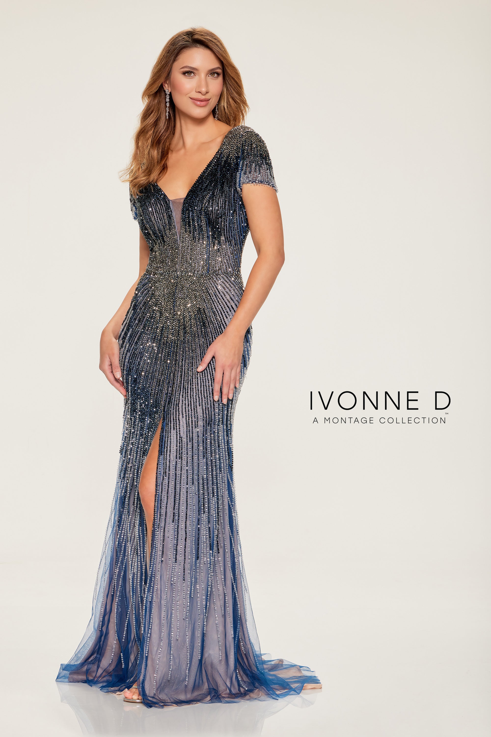 Formal Dresses Beaded Long Formal Slit Evening Gown Navy Blue