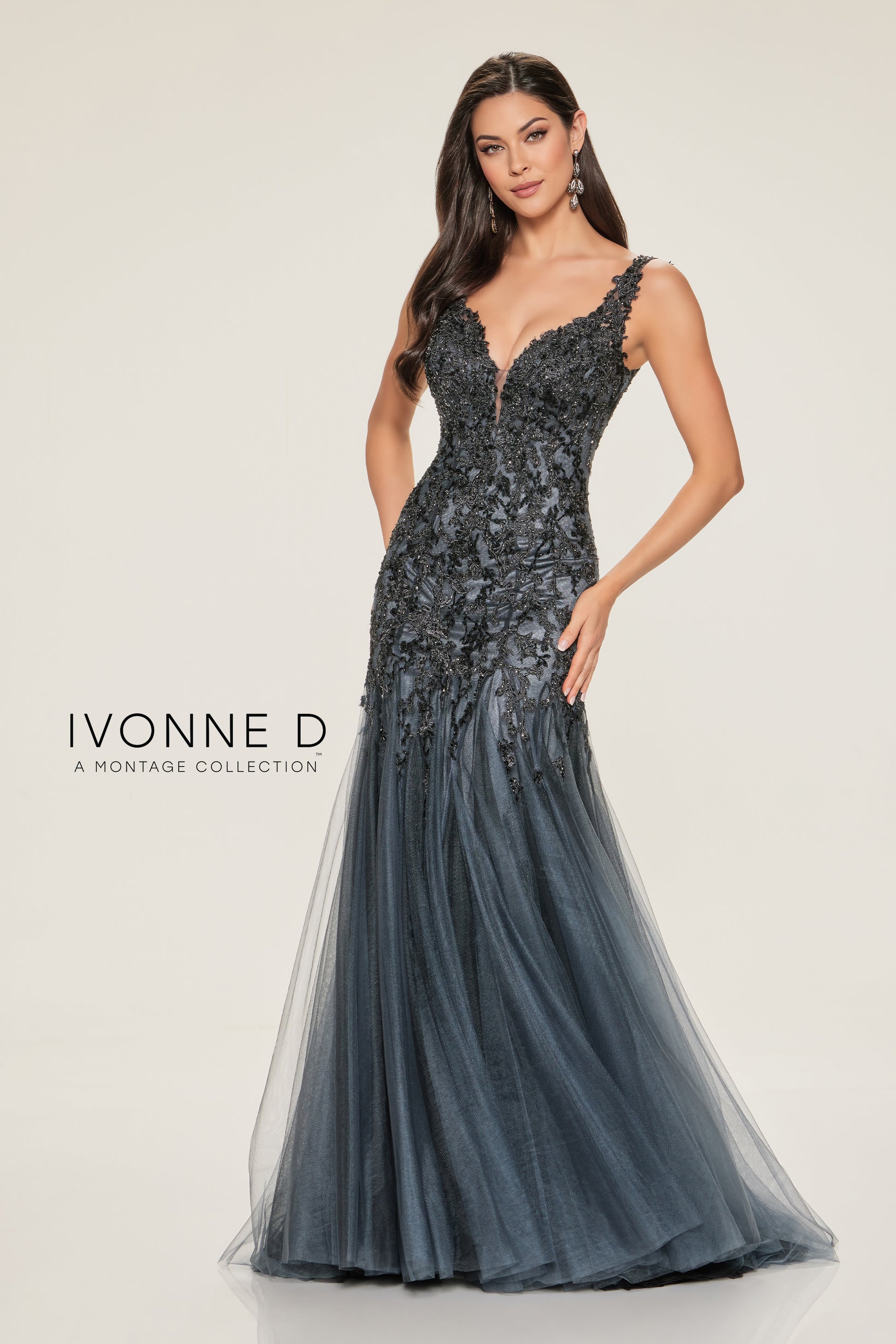 Ivonne D ID805 Long Mermaid Lace Applique Beaded Formal Dress