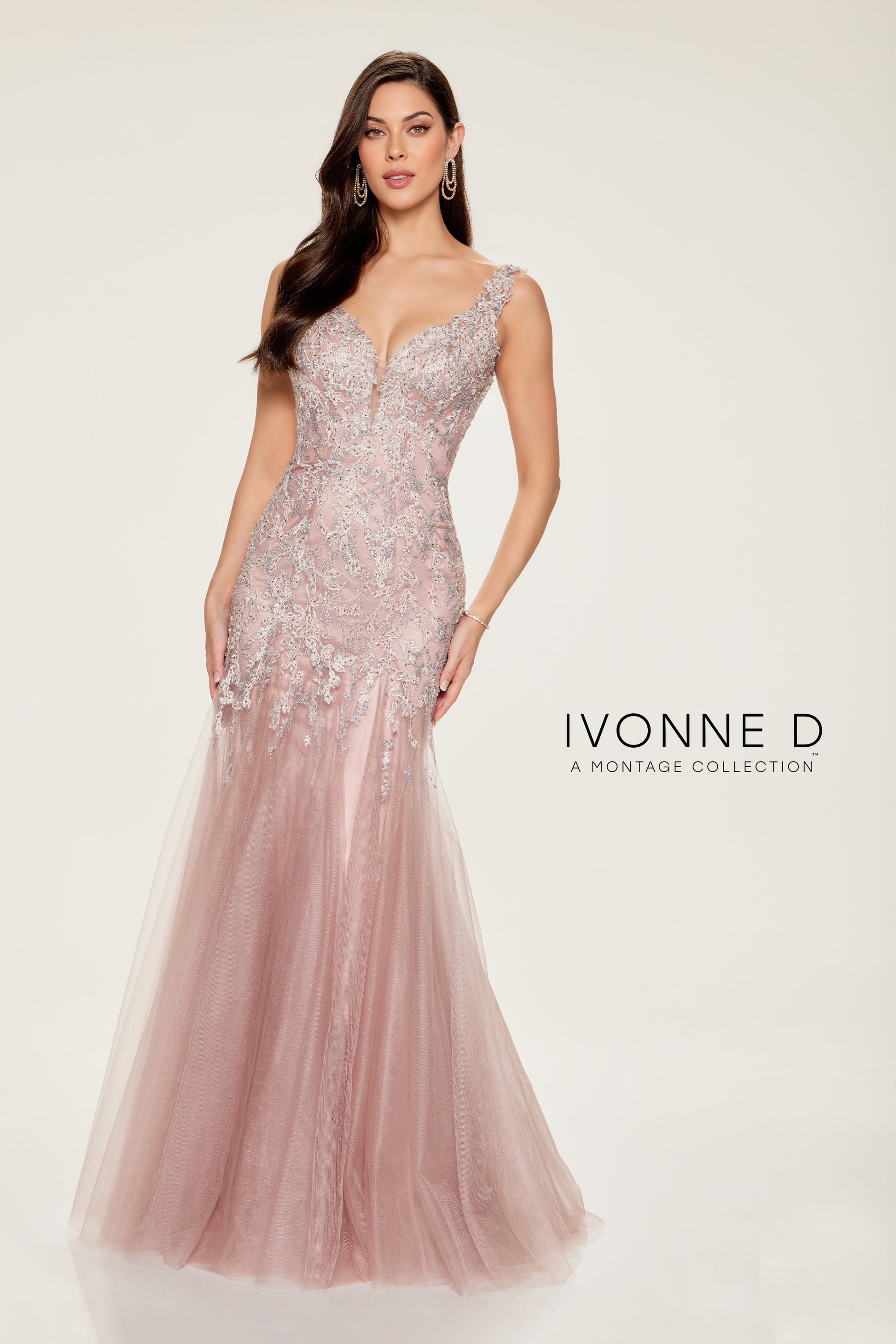 Ivonne D ID805 Long Mermaid Lace Applique Beaded Formal Dress