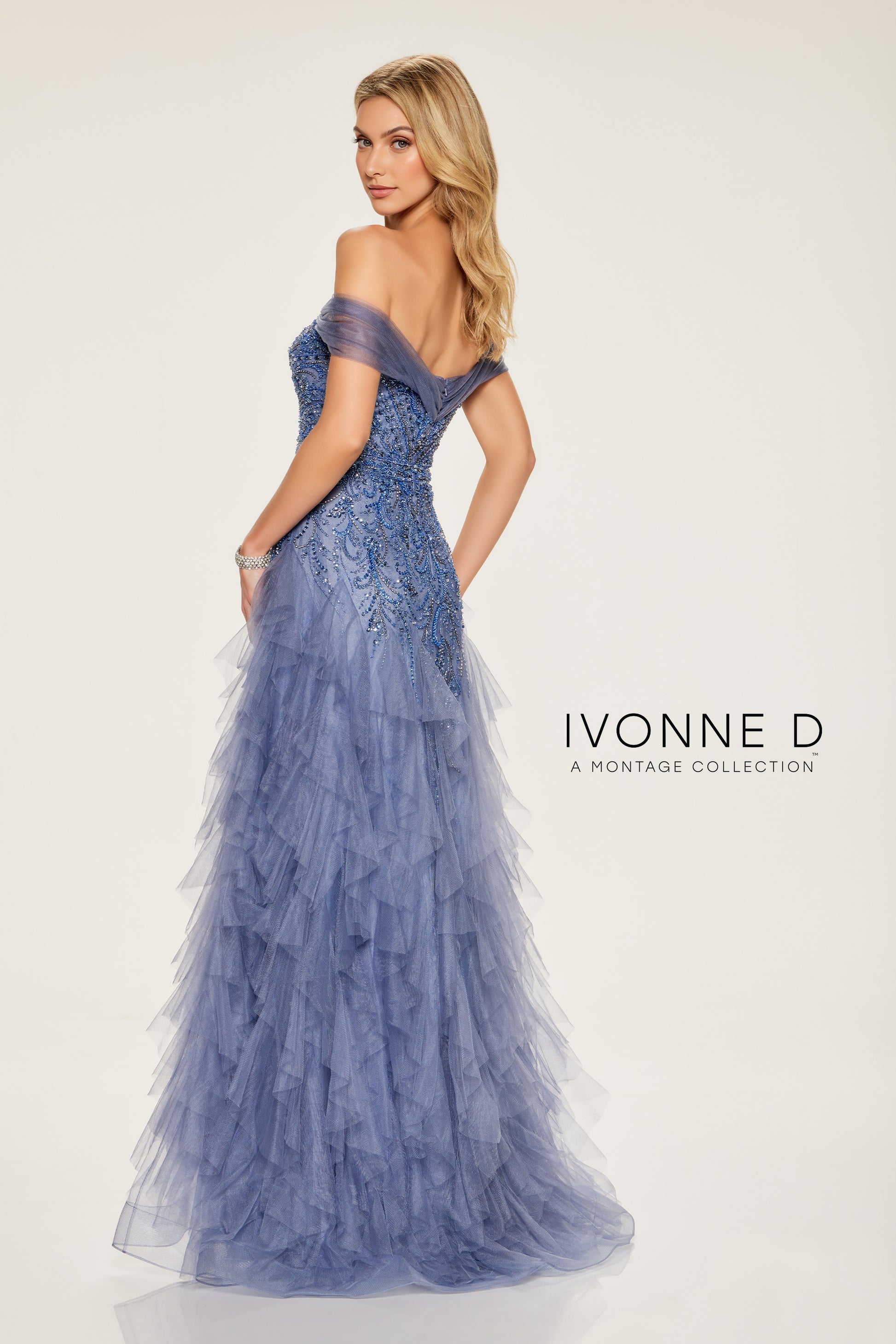 Ivonne D ID806 Long Formal Ruffled Beaded Sequin Evening Dress
