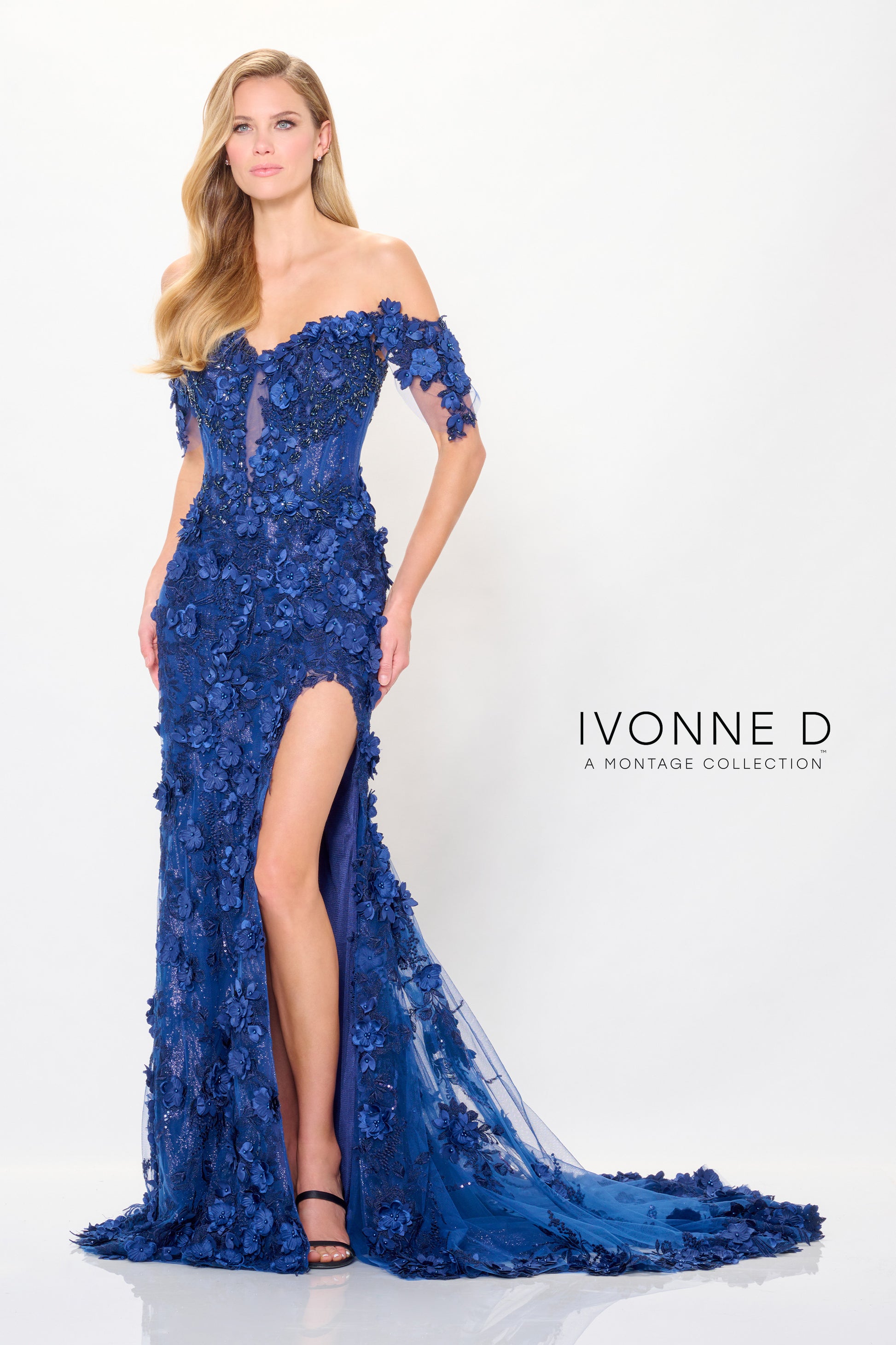 Ivonne D ID915 Long Formal 3D Floral Appliqued Evening Gown