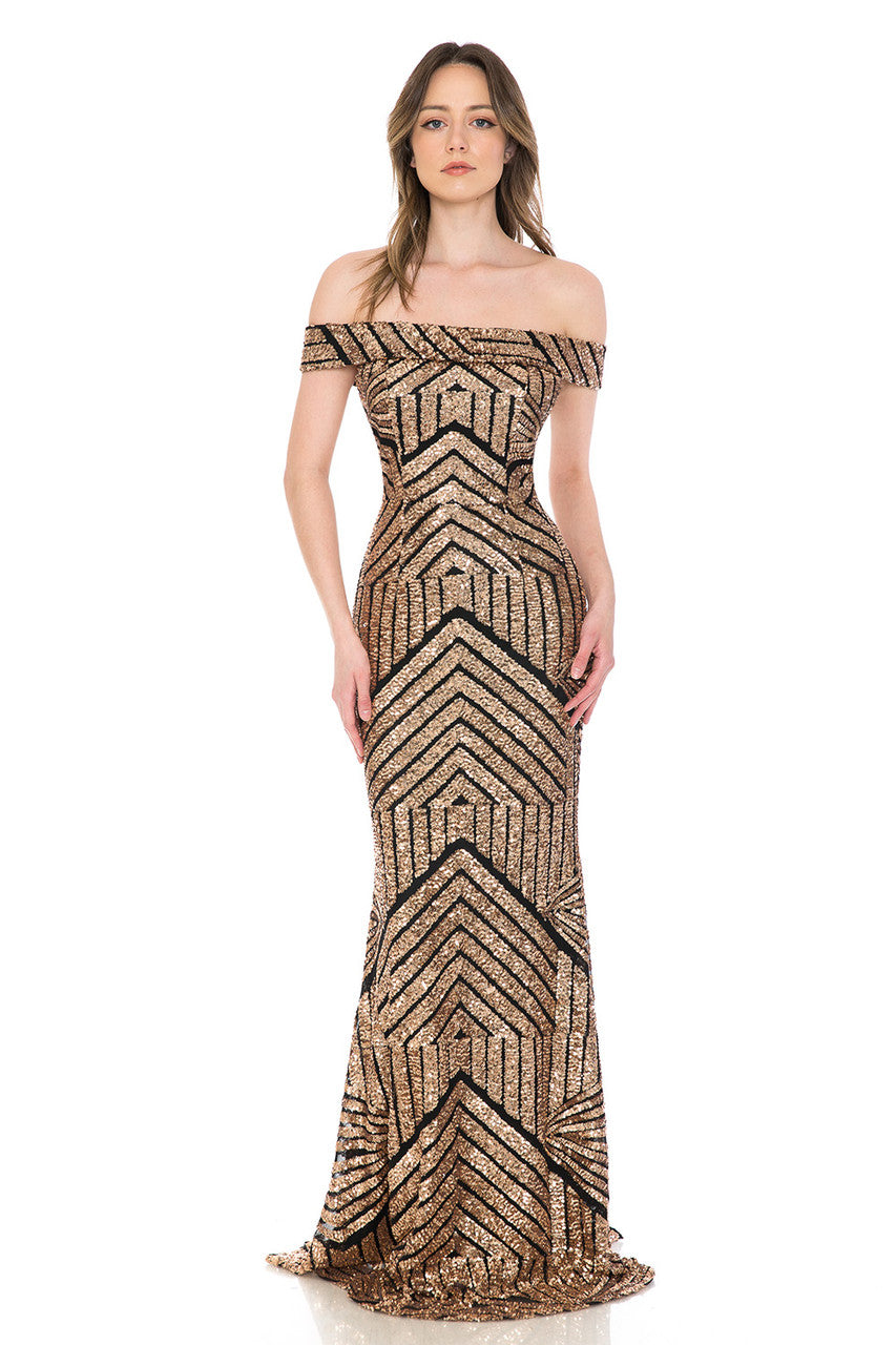Prom Dresses Long Sequin Formal Prom Dress Lenovia 5224 Black/Gold