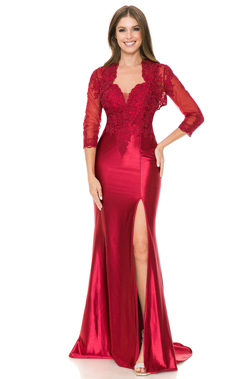 Formal Dresses Long Formal Beaded Lace Slit Dress Lenovia 8175 Burgundy